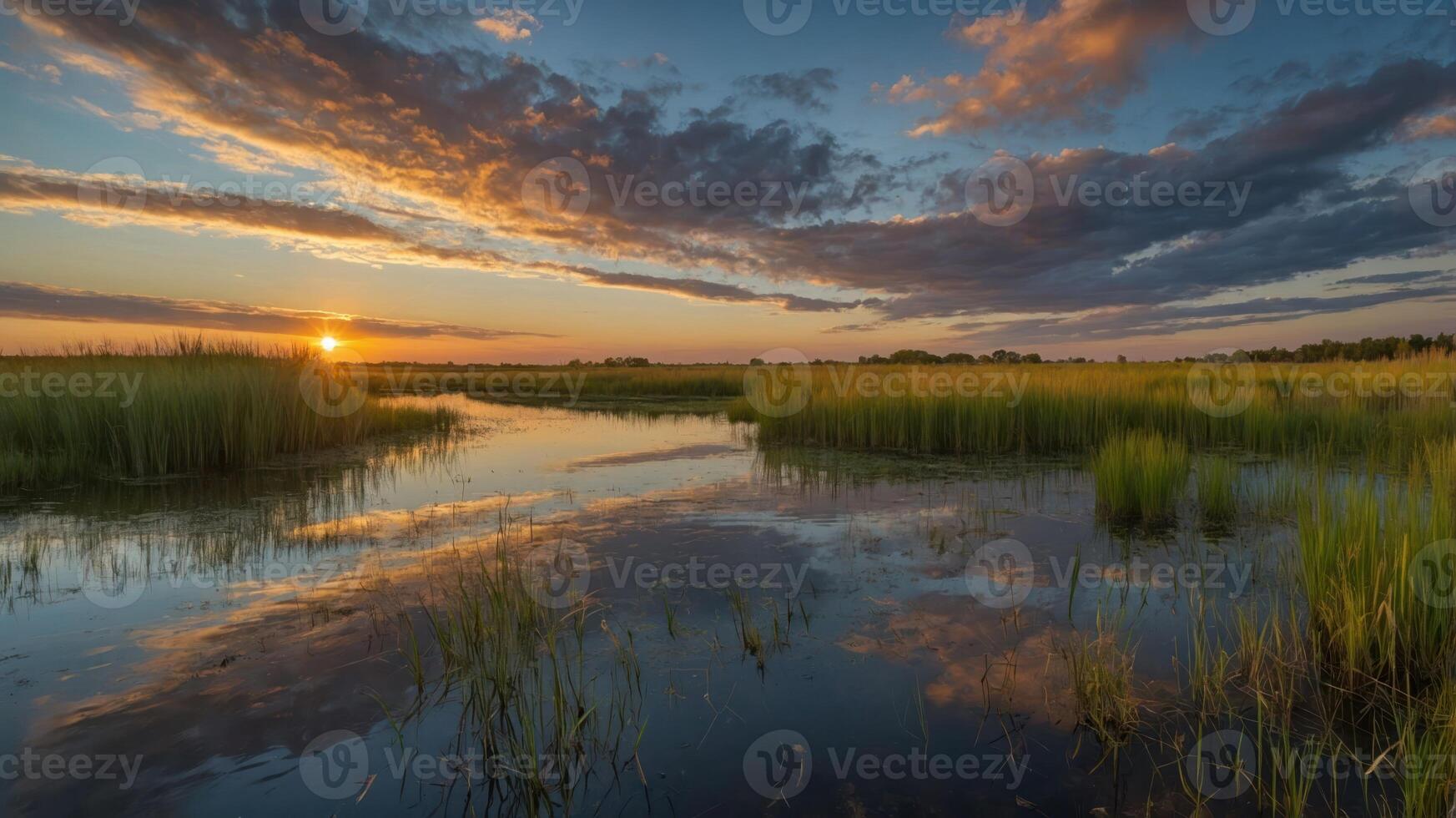 A serene sunset over a marshland, reflecting vibrant colors in still water. photo
