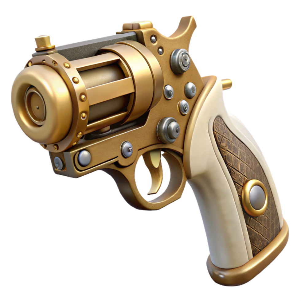 magnificent impressionist Steampunk pistol with an ivory grip and exposed clockwork mechanism. NO BACKGROUND with Transparent Background. museum quality png