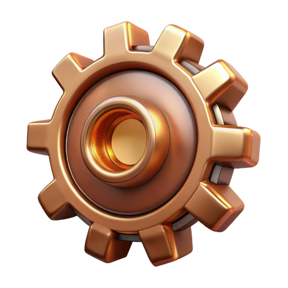 quintessential mid-century Steampunk gear cog with intricate teeth and copper plating. NO BACKGROUND with Transparent Background. impeccable png