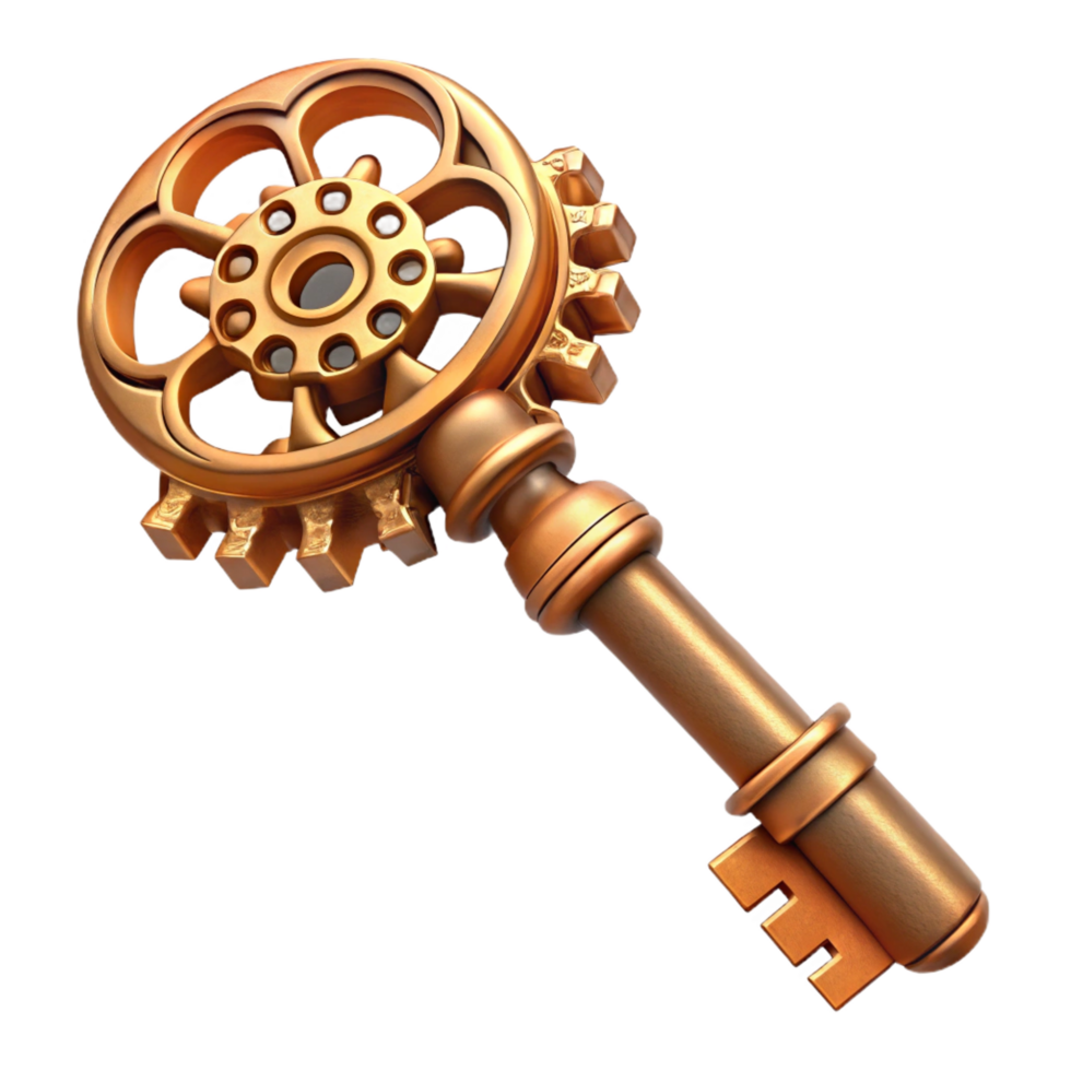 immaculate melancholic gothic Steampunk key with intricate clockwork details and ornate engravings. NO BACKGROUND with Transparent Background. luxury png