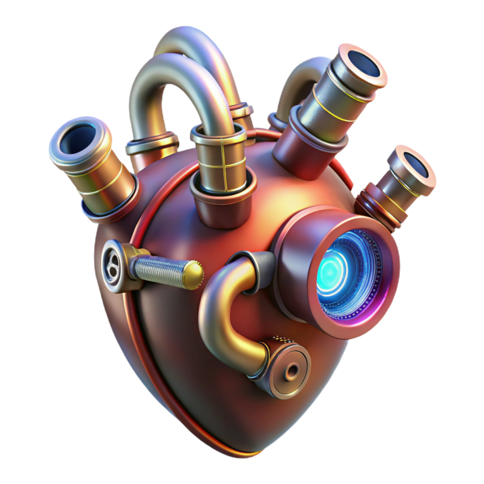 standout vintage Steampunk heart with intricate pipes and glowing vacuum tubes. NO BACKGROUND with Transparent Background. high resolution png