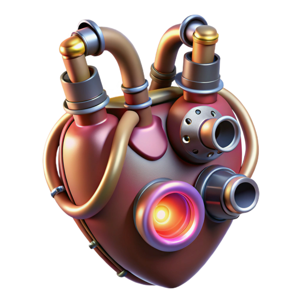 majestic contemporary Steampunk heart with intricate pipes and glowing vacuum tubes. NO BACKGROUND with Transparent Background. artisan png