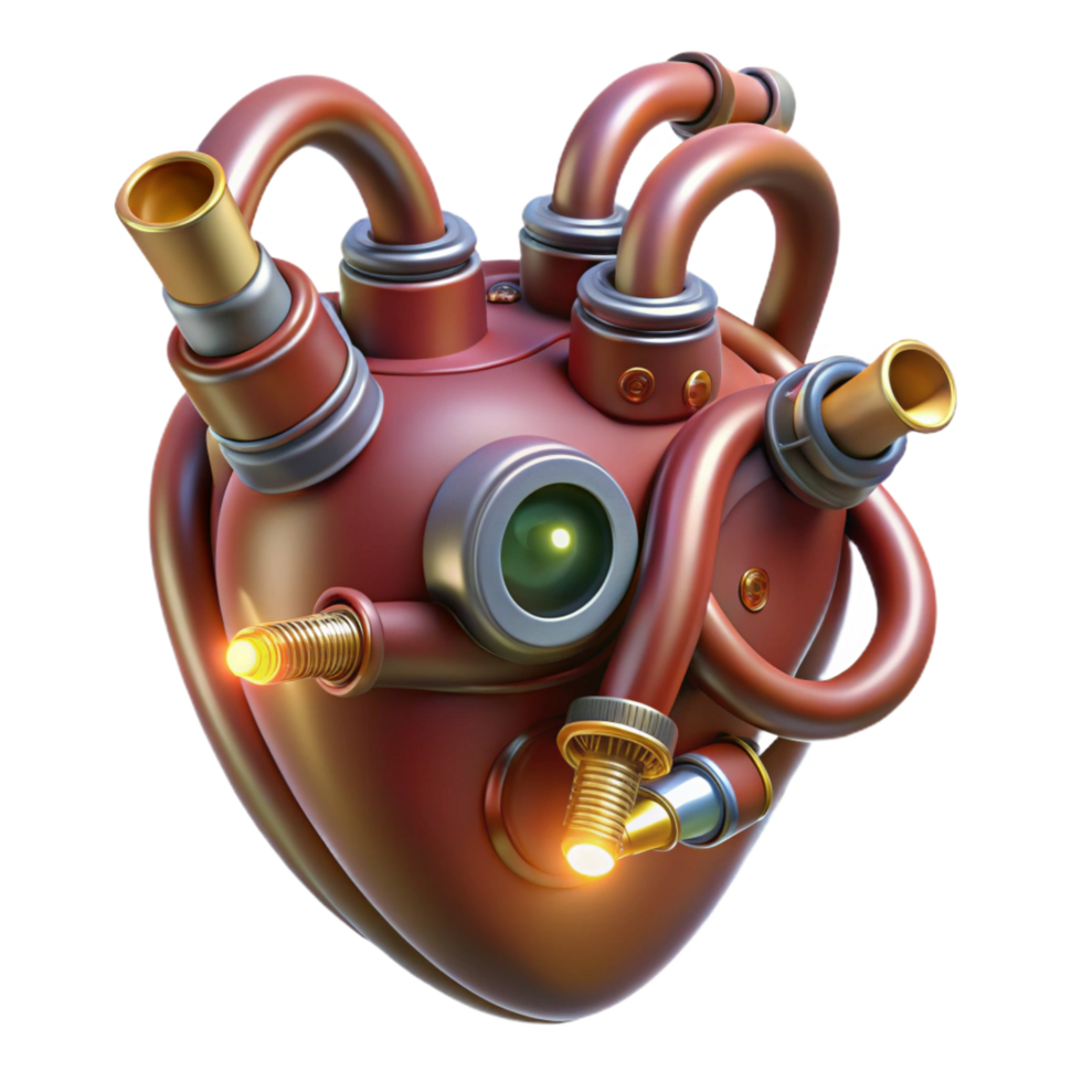 impressive bold abstract Steampunk heart with intricate pipes and glowing vacuum tubes. NO BACKGROUND with Transparent Background. original png