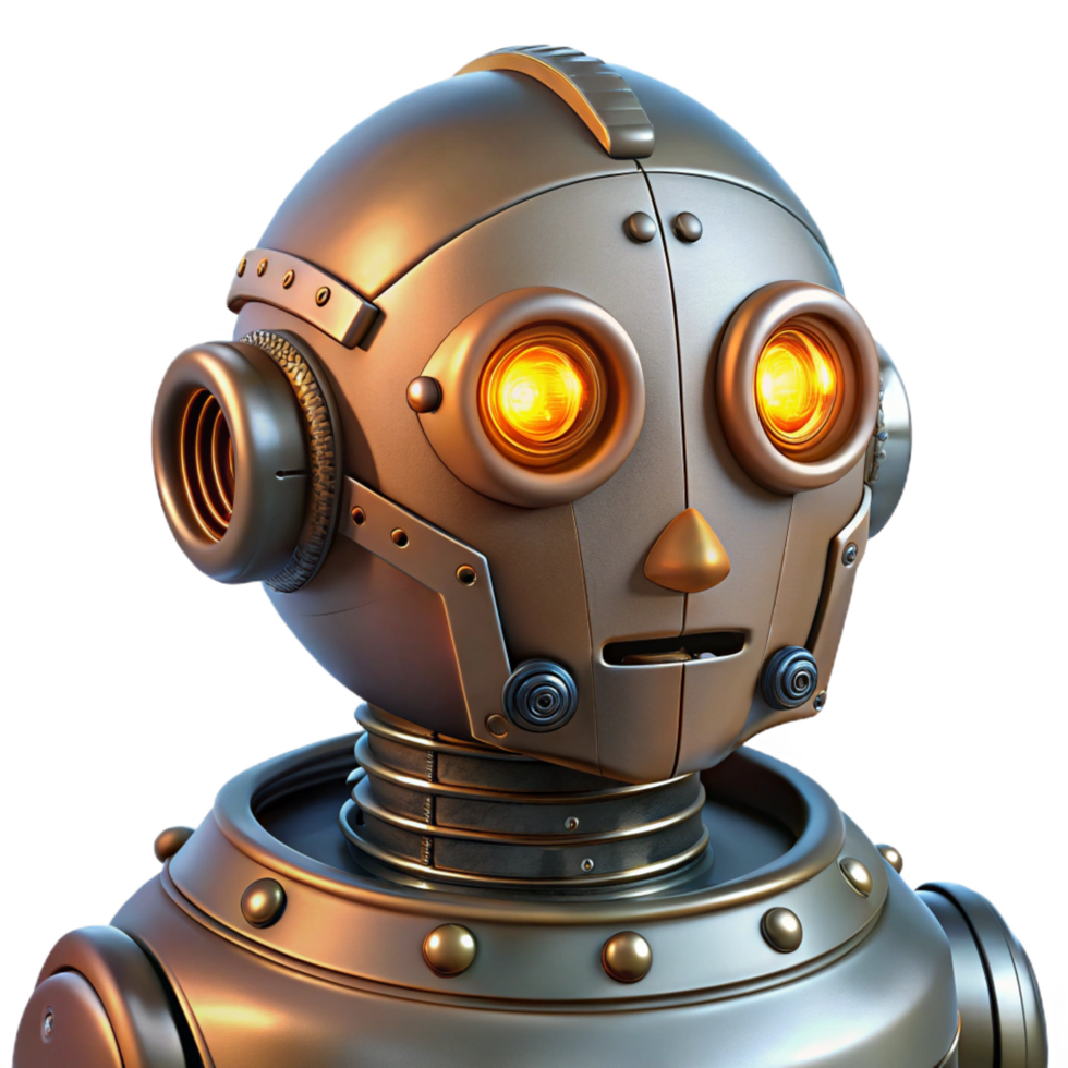 picturesque inspired Steampunk robot head with glowing eyes and exposed wiring. NO BACKGROUND with Transparent Background. png