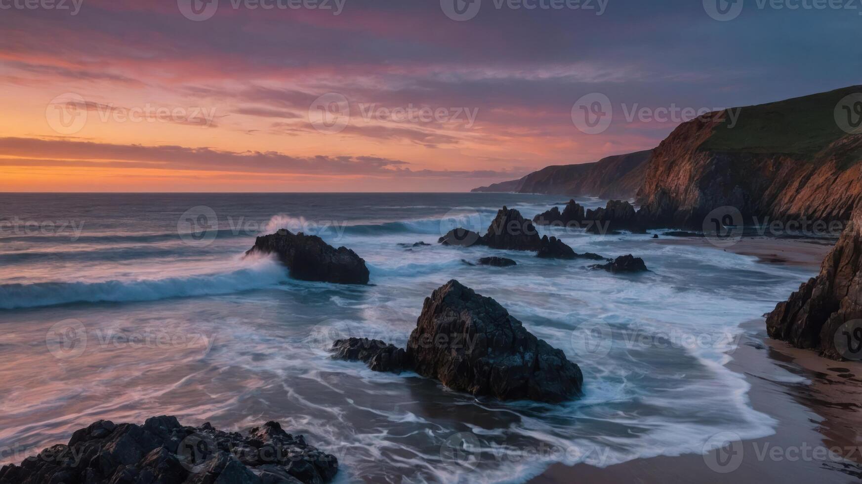 Serene coastal landscape at sunset with waves crashing on rocky shore. photo