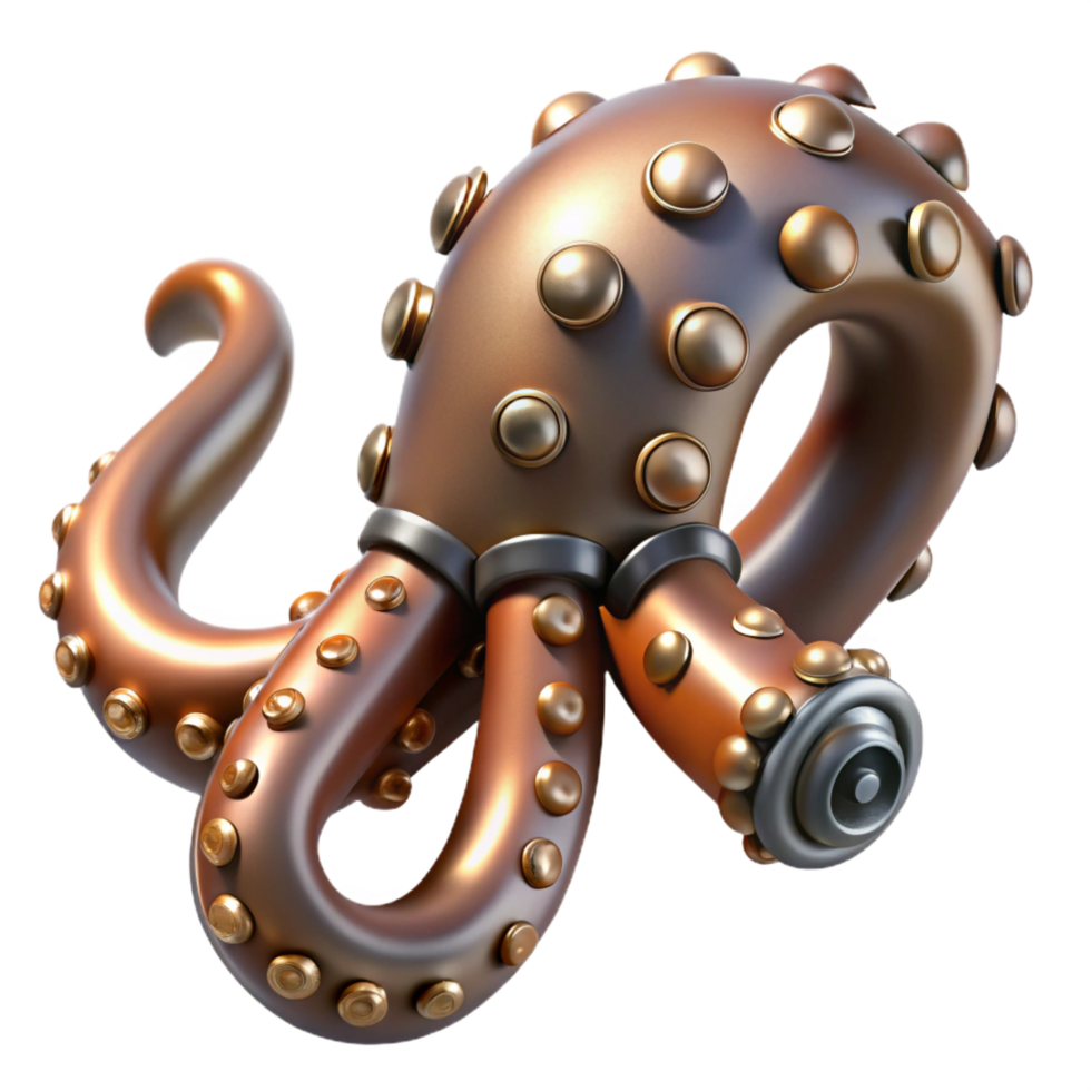 mesmerizing minimalist Steampunk octopus tentacle with metallic suckers and rivets. NO BACKGROUND with Transparent Background. ultra HD png