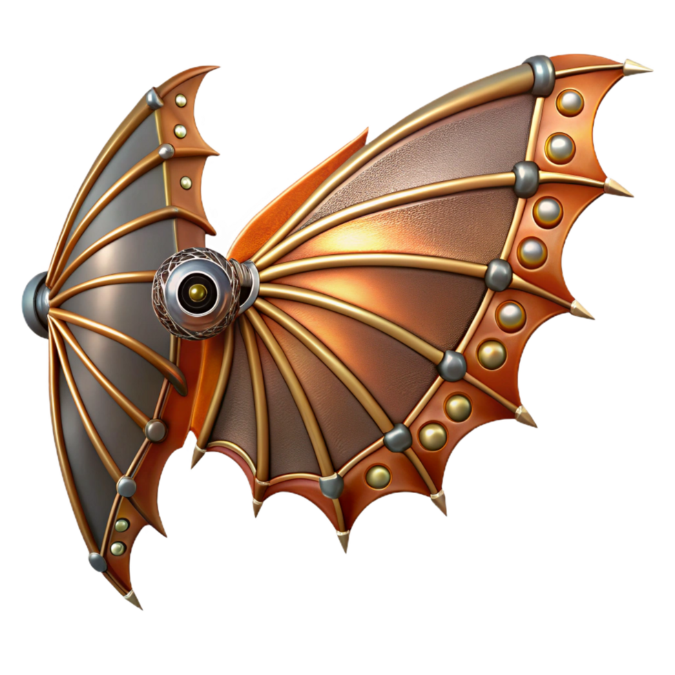 unparalleled creative Steampunk dragon wing with articulated joints and metallic scales. NO BACKGROUND with Transparent Background. ultra HD png