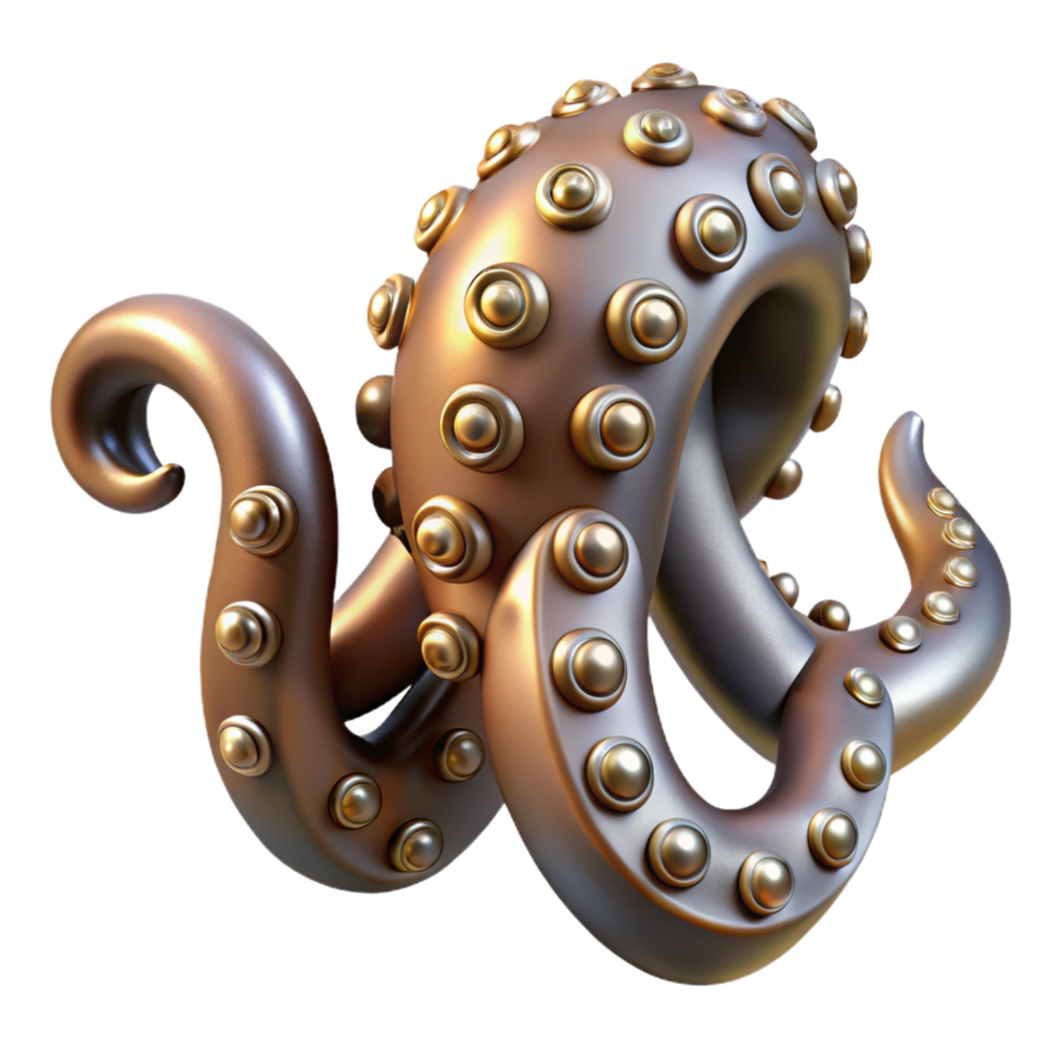 quintessential organic Steampunk octopus tentacle with metallic suckers and rivets. NO BACKGROUND with Transparent Background. elite png