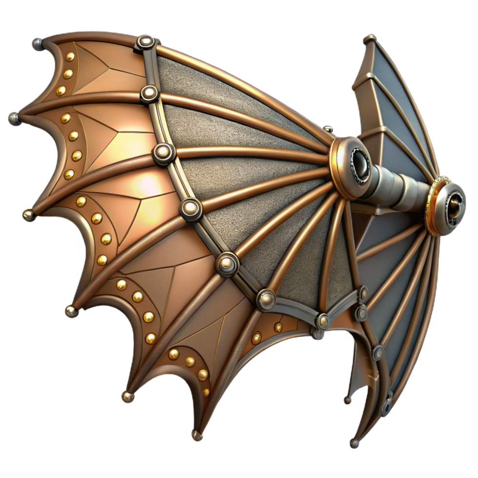wonderful whimsical retro Steampunk dragon wing with articulated joints and metallic scales. NO BACKGROUND with Transparent Background. luxury png