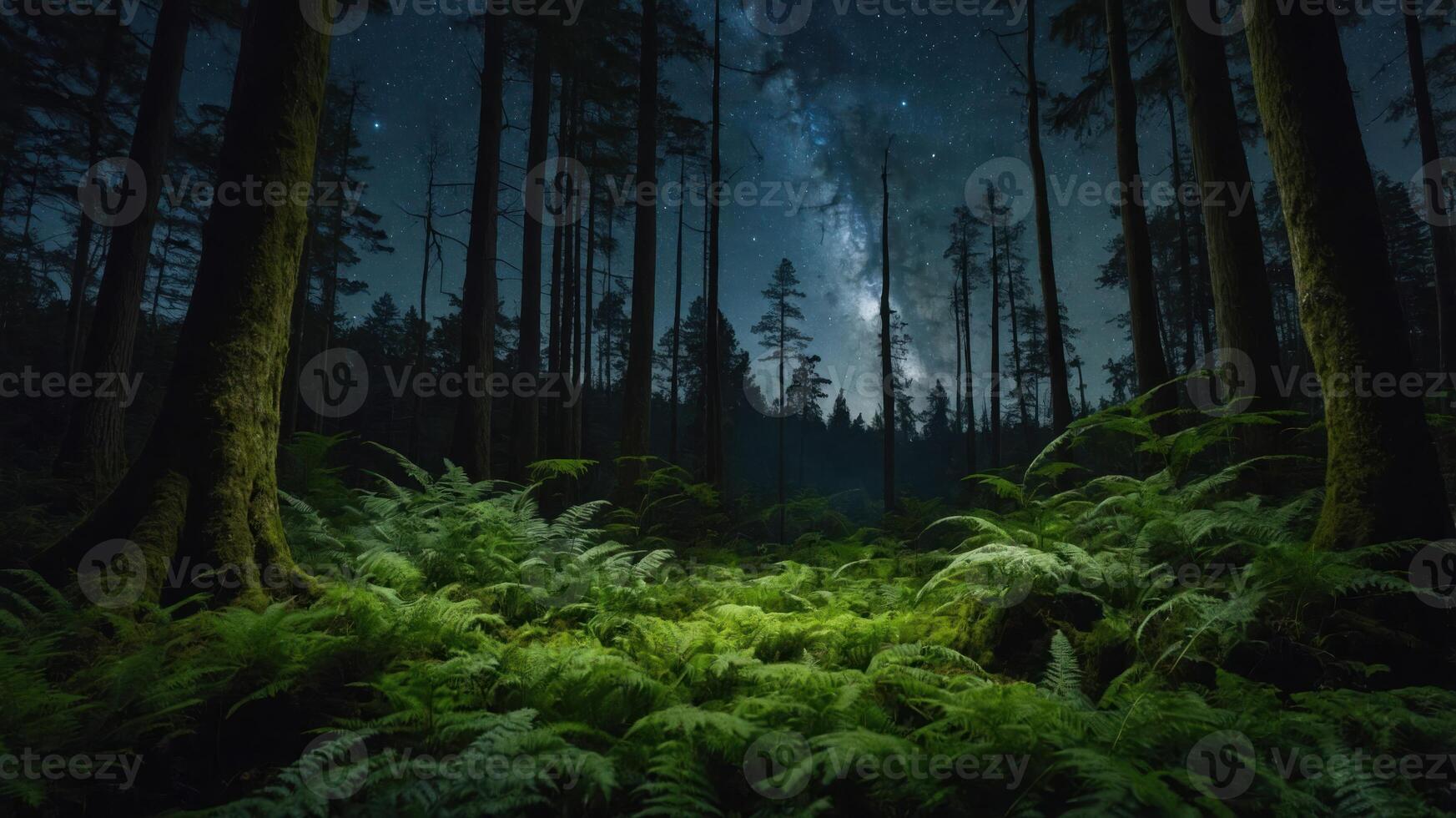 A serene forest scene under a starry night sky, showcasing lush ferns and towering trees. photo