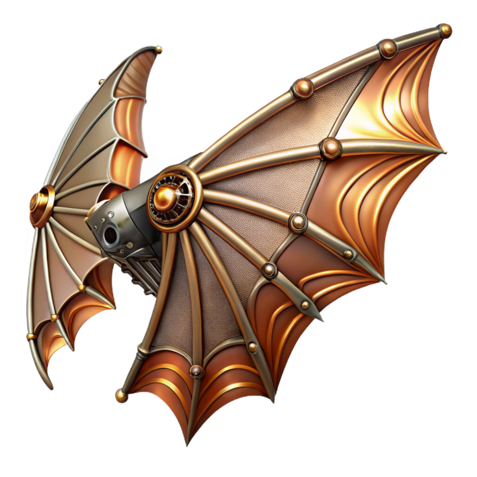 unparalleled art deco Steampunk dragon wing with articulated joints and metallic scales. NO BACKGROUND with Transparent Background. detailed png