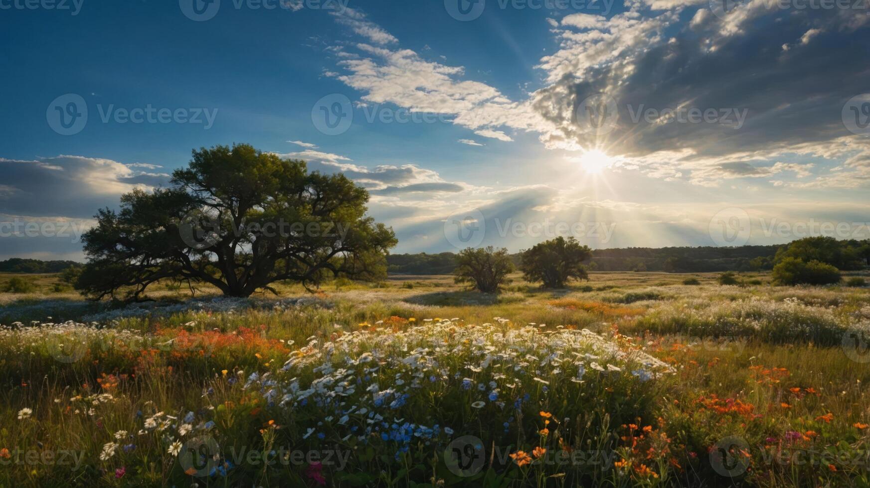 A serene landscape with vibrant wildflowers under a bright sun and dramatic clouds. photo