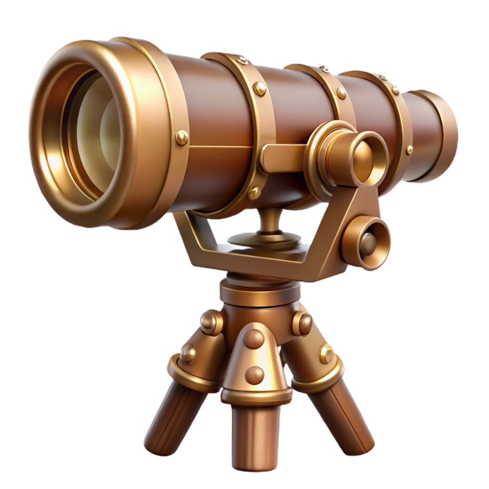 dramatic industrial Steampunk telescope with brass lenses and a wooden tripod mount tripod not shown. NO BACKGROUND with Transparent Background. ultra HD png