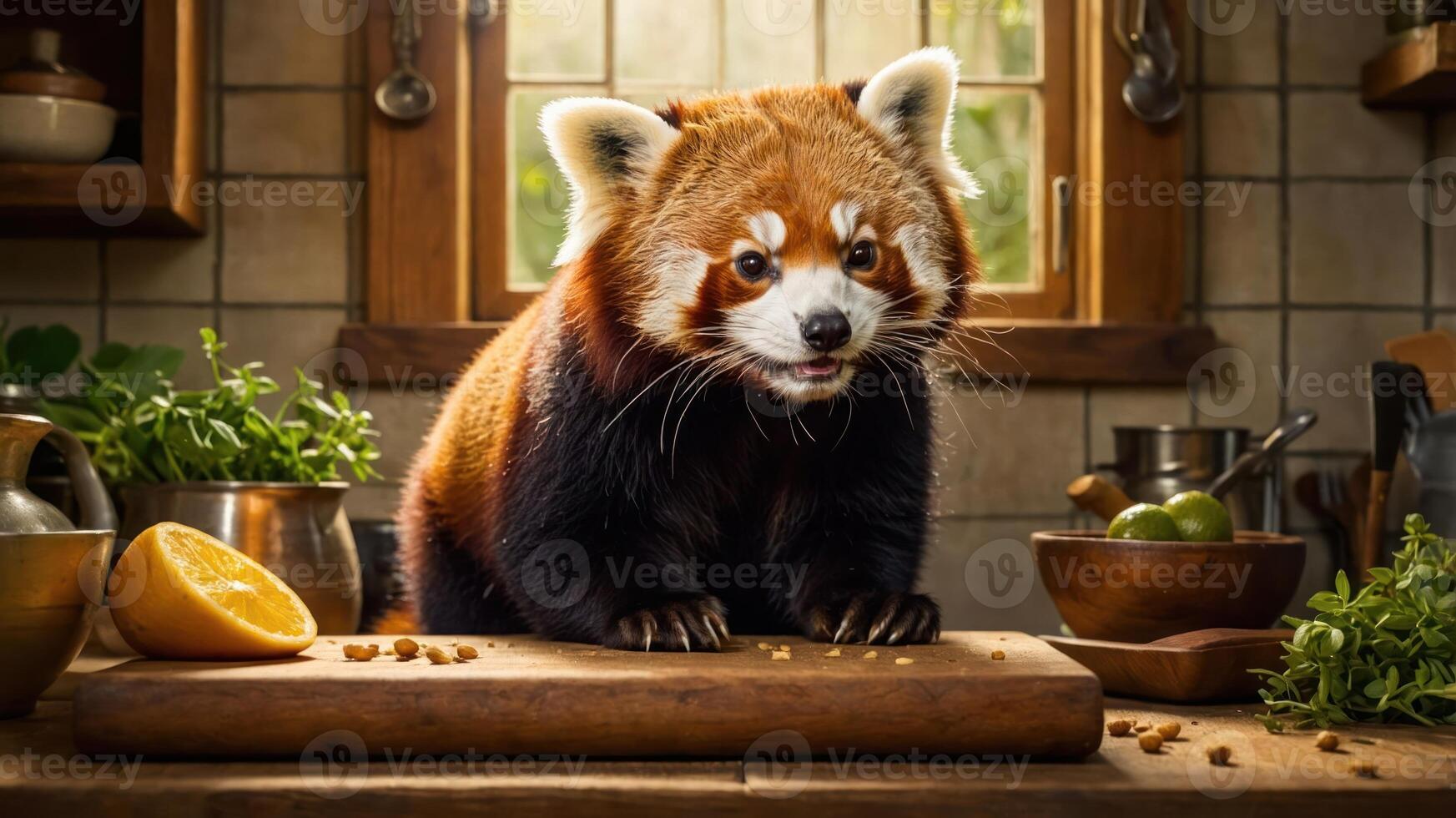 A red panda in a cozy kitchen setting, looking curiously at the camera. photo