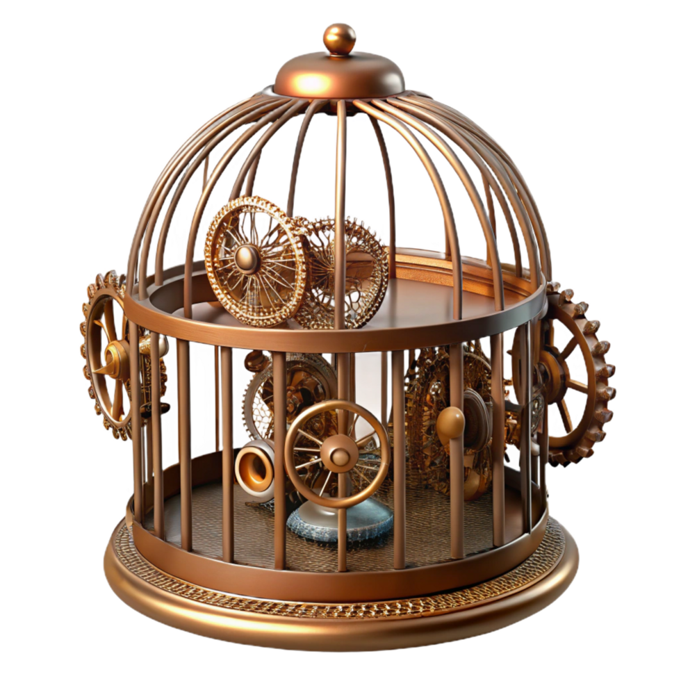 standout rustic Steampunk birdcage with intricate wirework and gear mechanisms. NO BACKGROUND with Transparent Background. crisp png