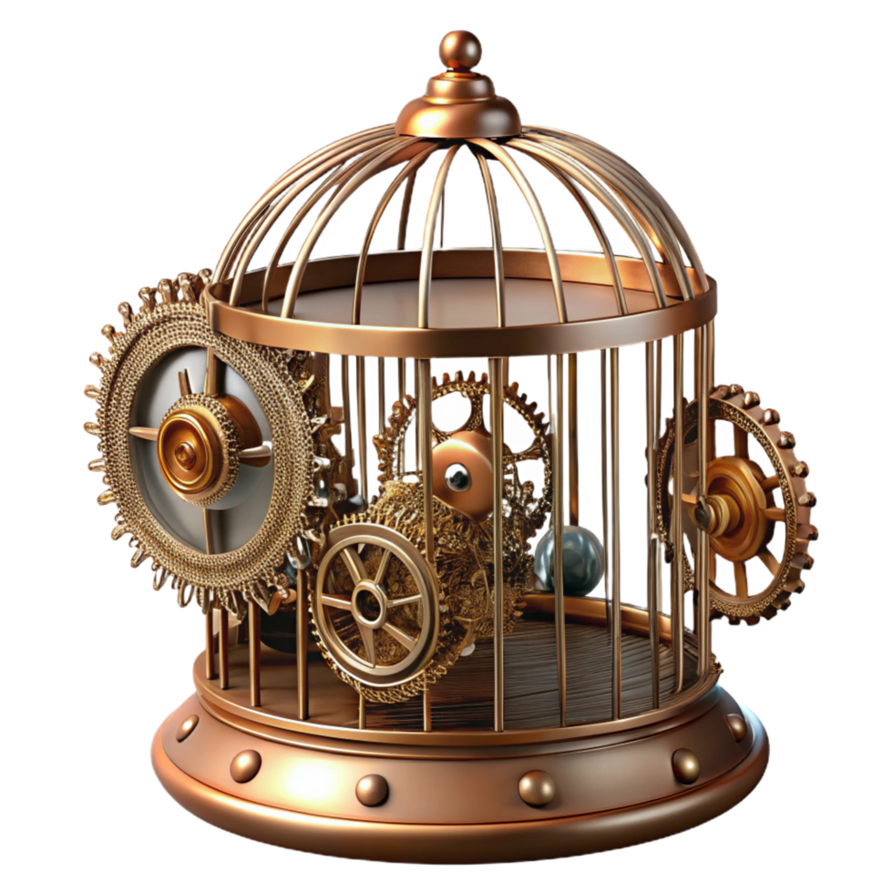 ethereal exquisite Steampunk birdcage with intricate wirework and gear mechanisms. NO BACKGROUND with Transparent Background. impeccable png