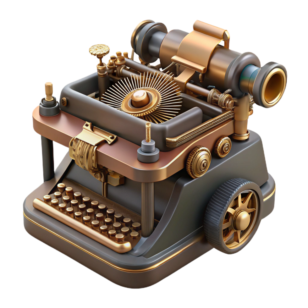 glorious remarkable Steampunk typewriter with exposed keys and clockwork mechanisms. NO BACKGROUND with Transparent Background. png