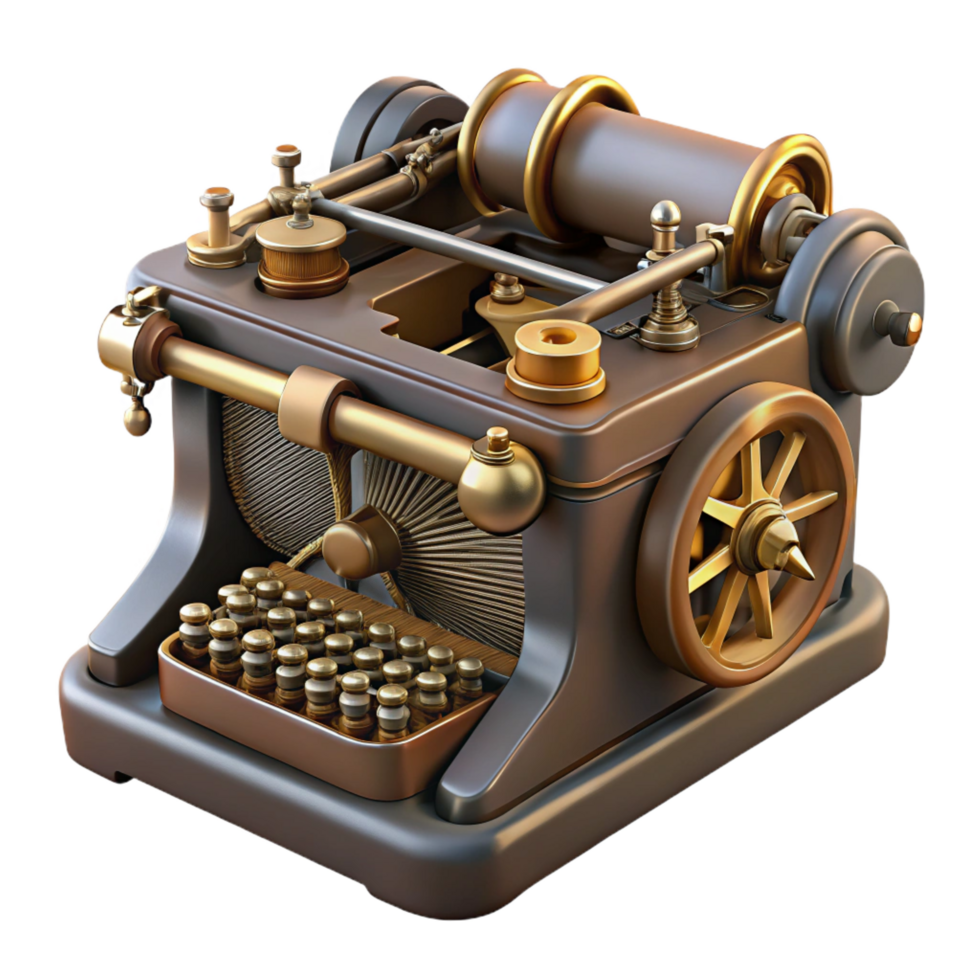 assinatura meio século steampunk máquina de escrever com exposto chaves e relógio mecanismos. não fundo com transparente fundo. refinado png