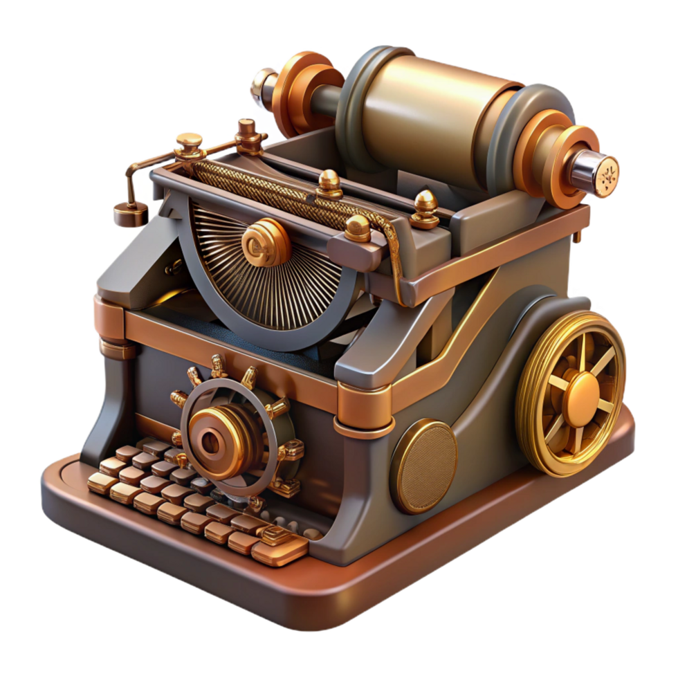 passionate glorious Steampunk typewriter with exposed keys and clockwork mechanisms. NO BACKGROUND with Transparent Background. ultra HD png