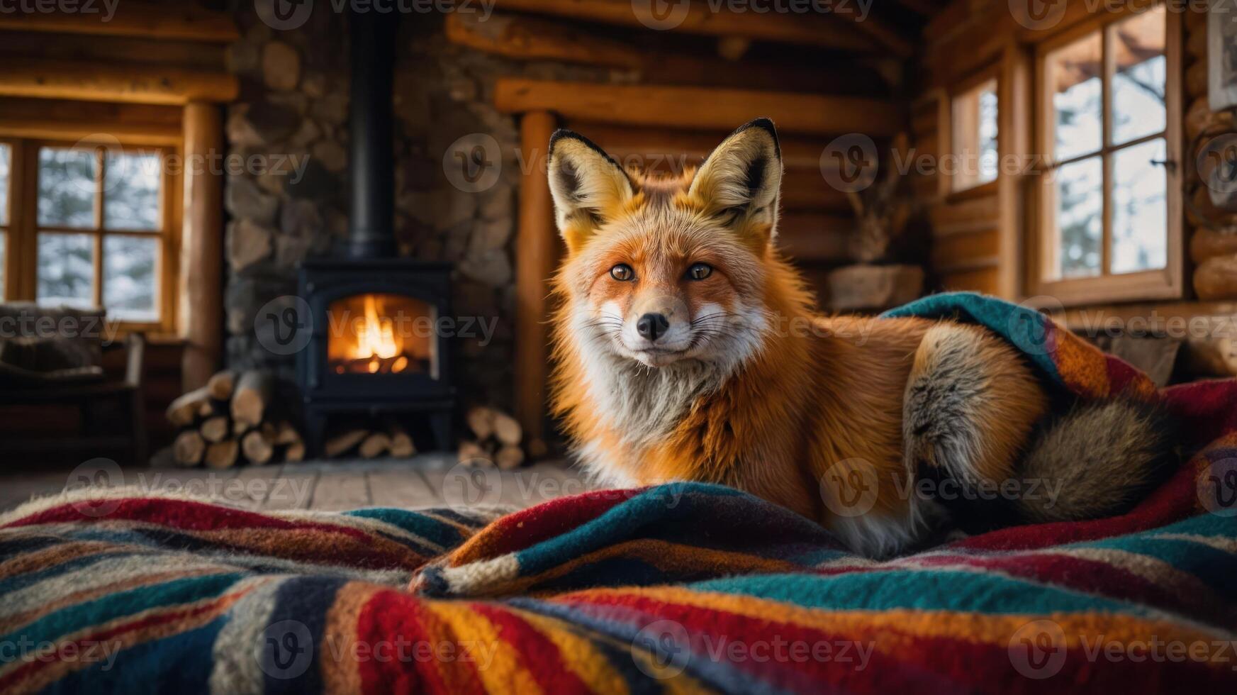 A cozy fox lounging on a colorful blanket in a rustic cabin setting. photo