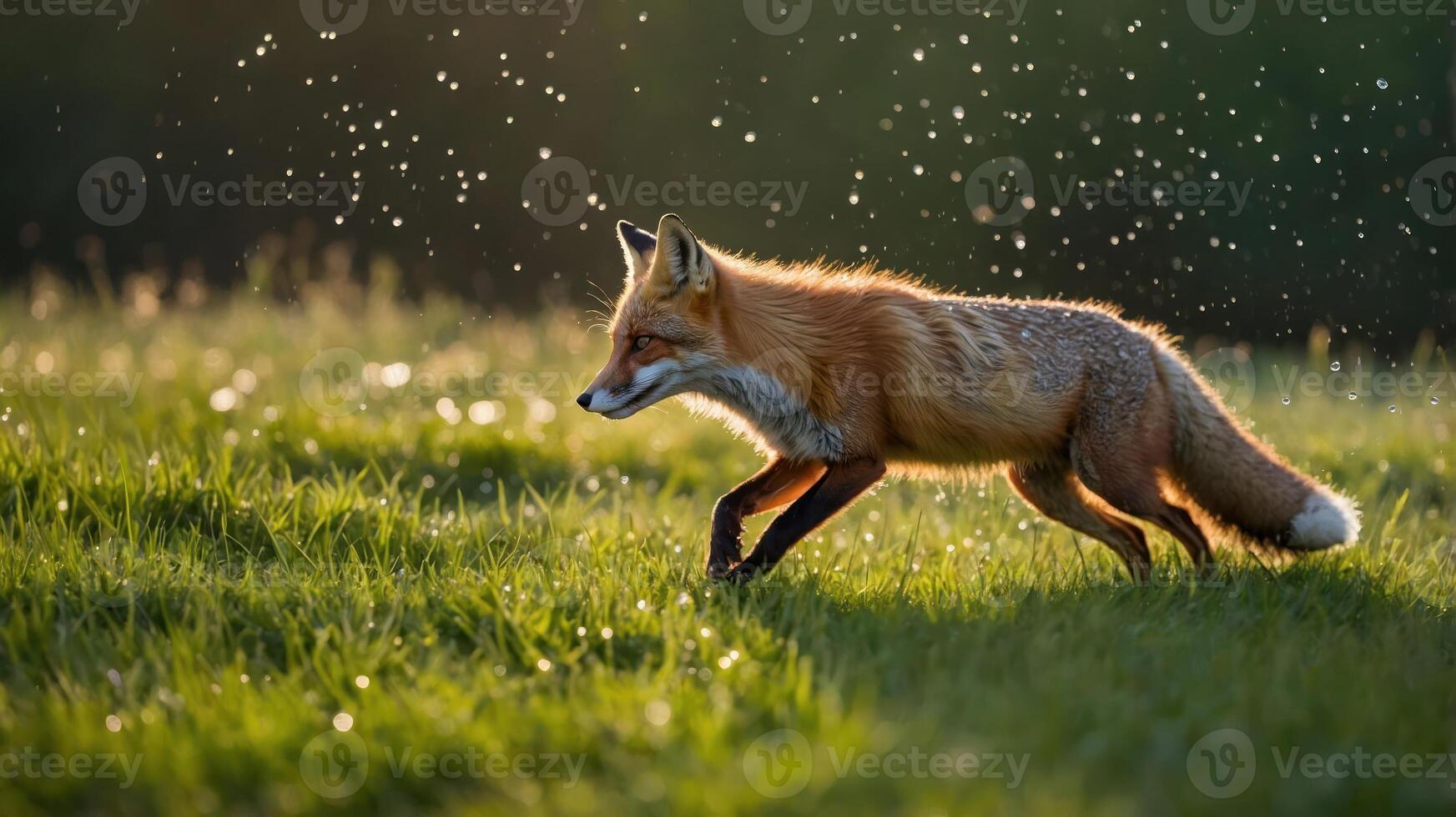 A fox running through a grassy field with sunlight and floating particles in the air. photo