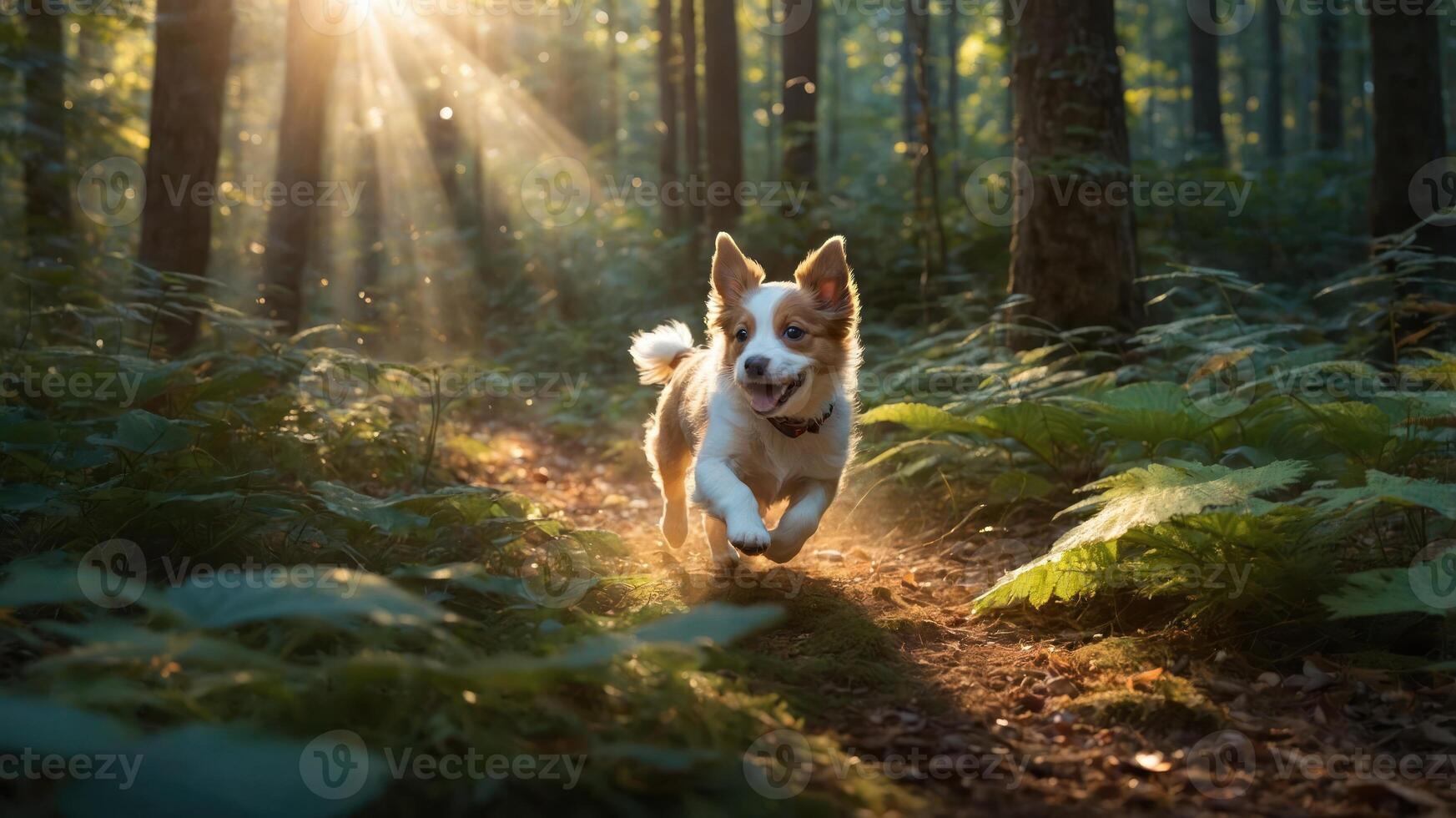 A dog joyfully runs through a sunlit forest path, surrounded by lush greenery. photo