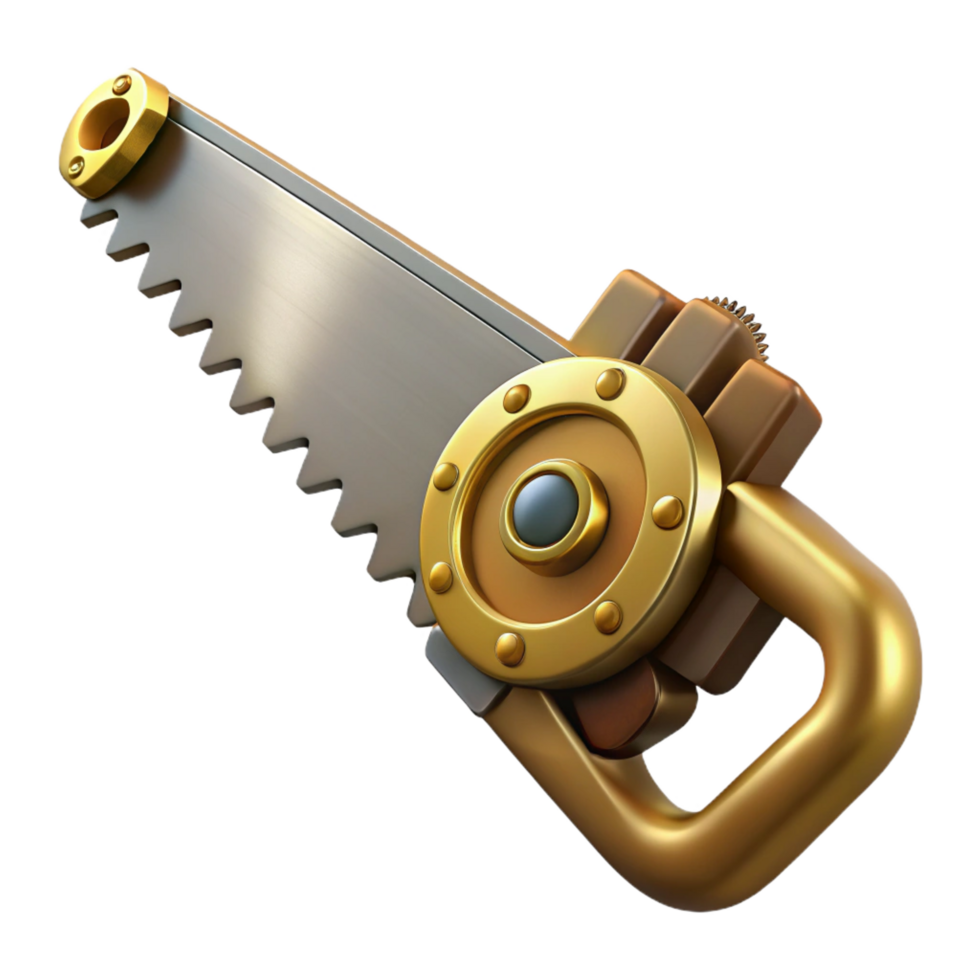 ethereal beautiful Steampunk saw with a brass blade and a gear-embedded handle. NO BACKGROUND with Transparent Background. authentic png