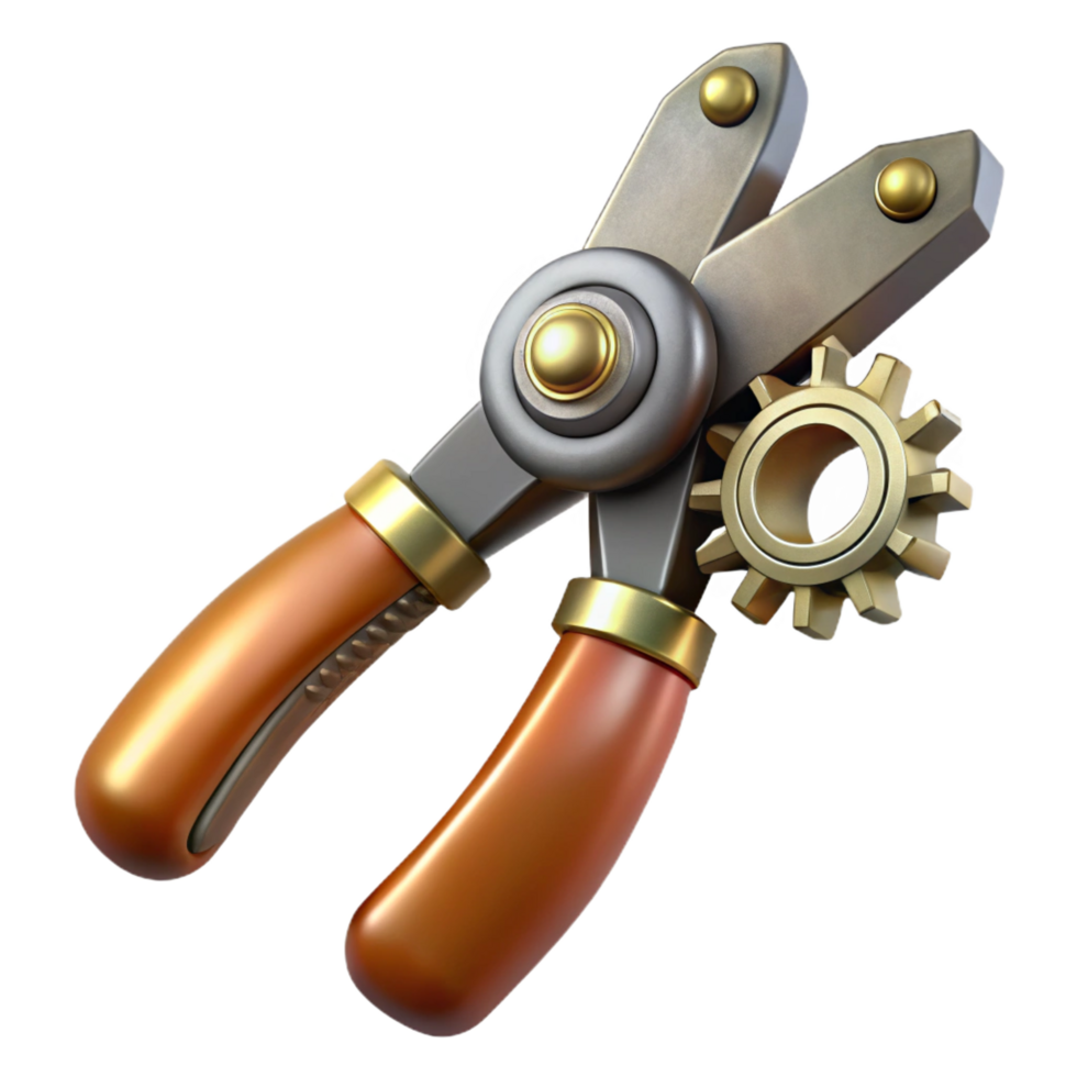 wonderful dramatic modern Steampunk pliers with gear-driven jaws and brass handles. NO BACKGROUND with Transparent Background. crisp png