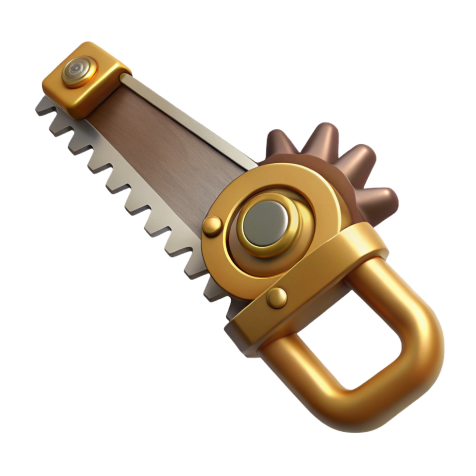 striking reflective organic Steampunk saw with a brass blade and a gear-embedded handle. NO BACKGROUND with Transparent Background. high quality png