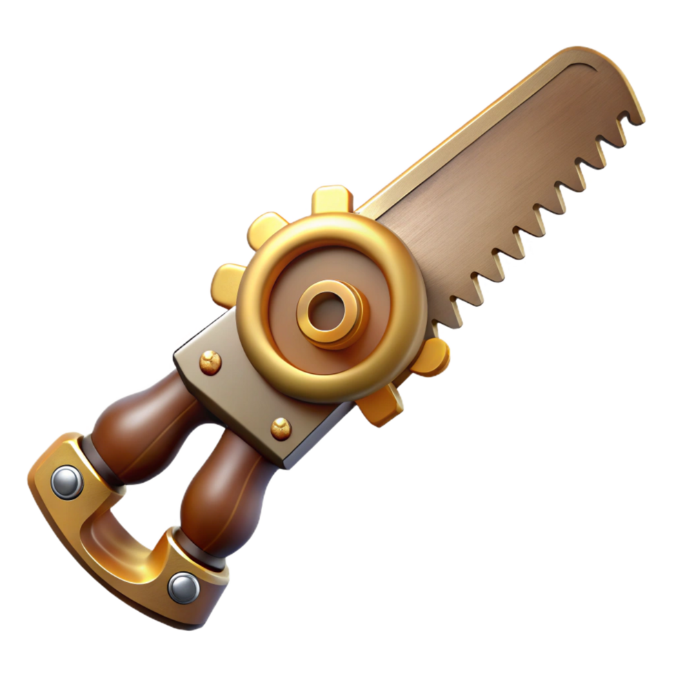 exceptional industrial Steampunk saw with a brass blade and a gear-embedded handle. NO BACKGROUND with Transparent Background. sharp png