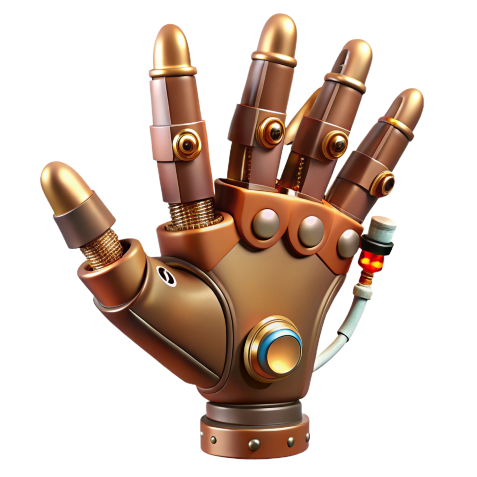 inspired industrial Steampunk robotic hand with articulated fingers and exposed wiring. NO BACKGROUND with Transparent Background. flawless png
