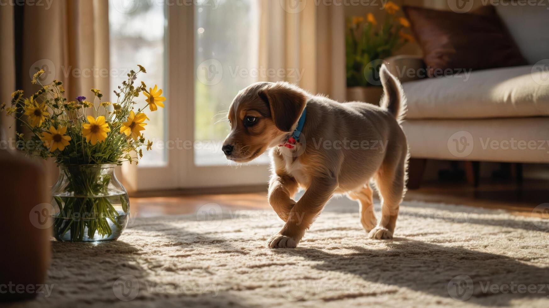 A playful puppy walks across a sunlit room with flowers in a vase nearby. photo