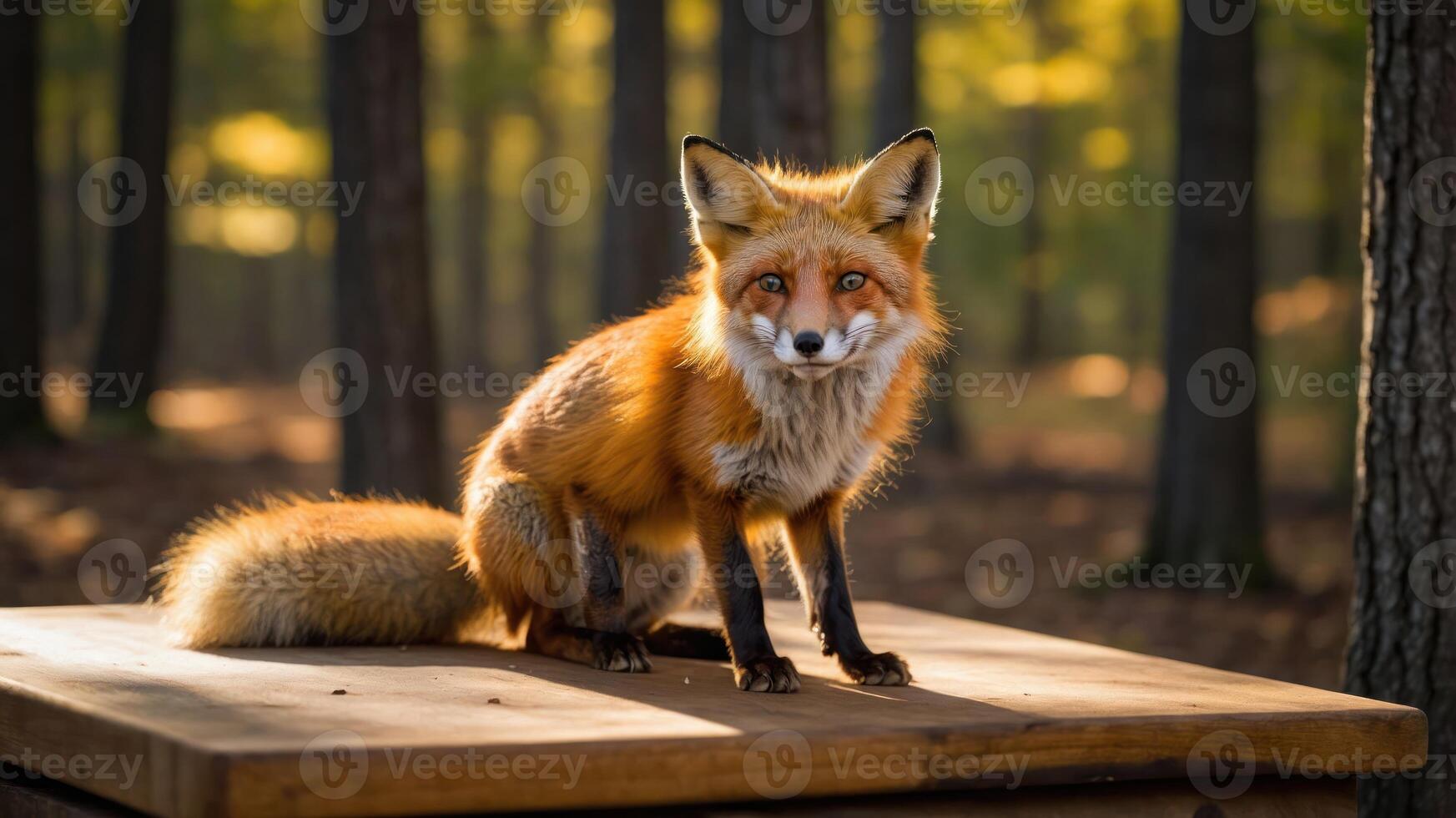 A fox sitting on a wooden surface in a sunlit forest. photo