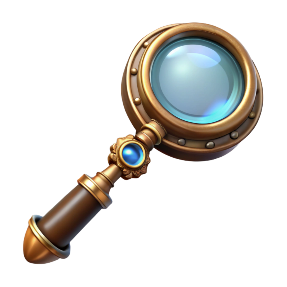 exquisite surreal Steampunk magnifying glass with a brass handle and intricate engravings. NO BACKGROUND with Transparent Background. ultra HD png