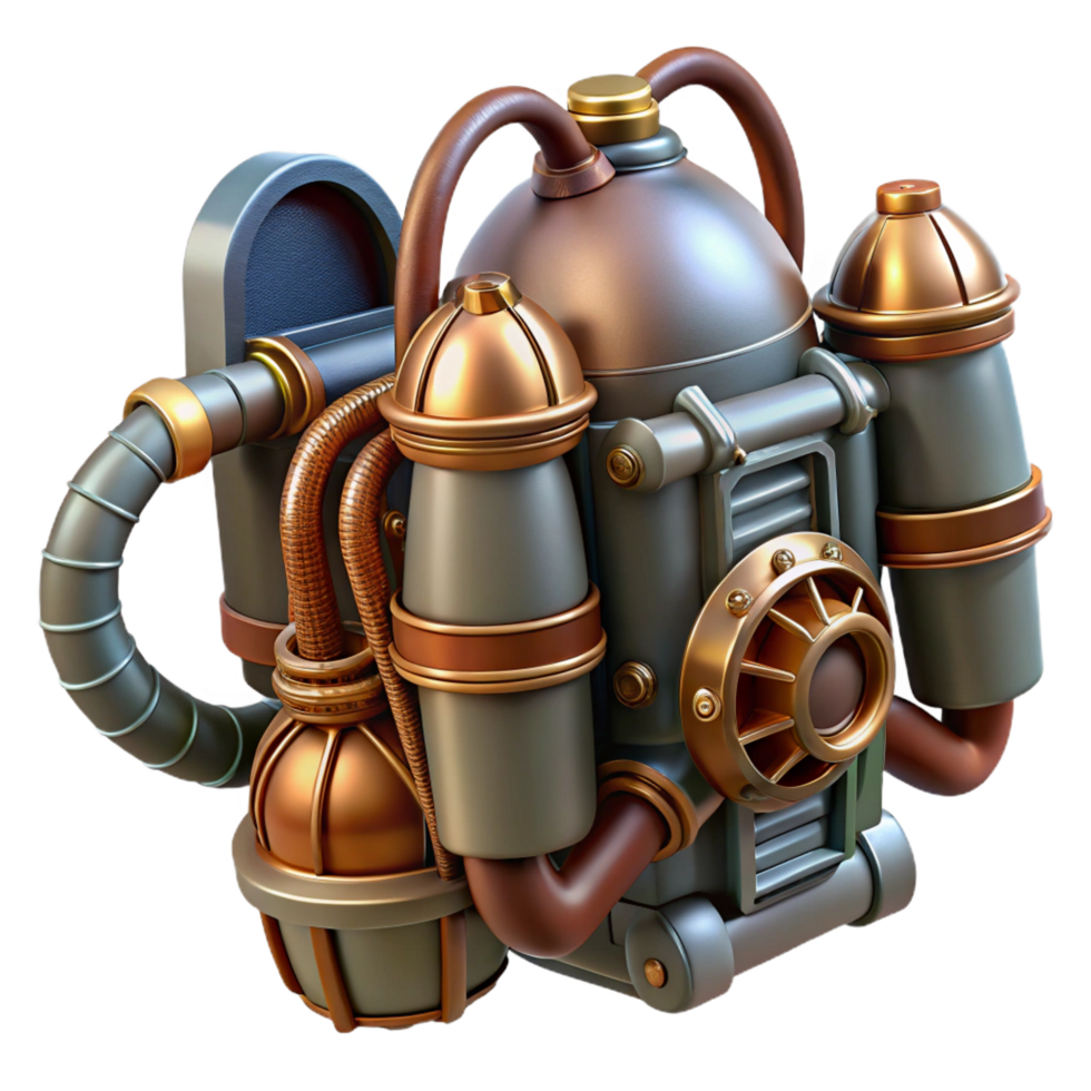 passionate hypnotic Steampunk jetpack with intricate copper piping and miniature turbines. NO BACKGROUND with Transparent Background. impeccable png