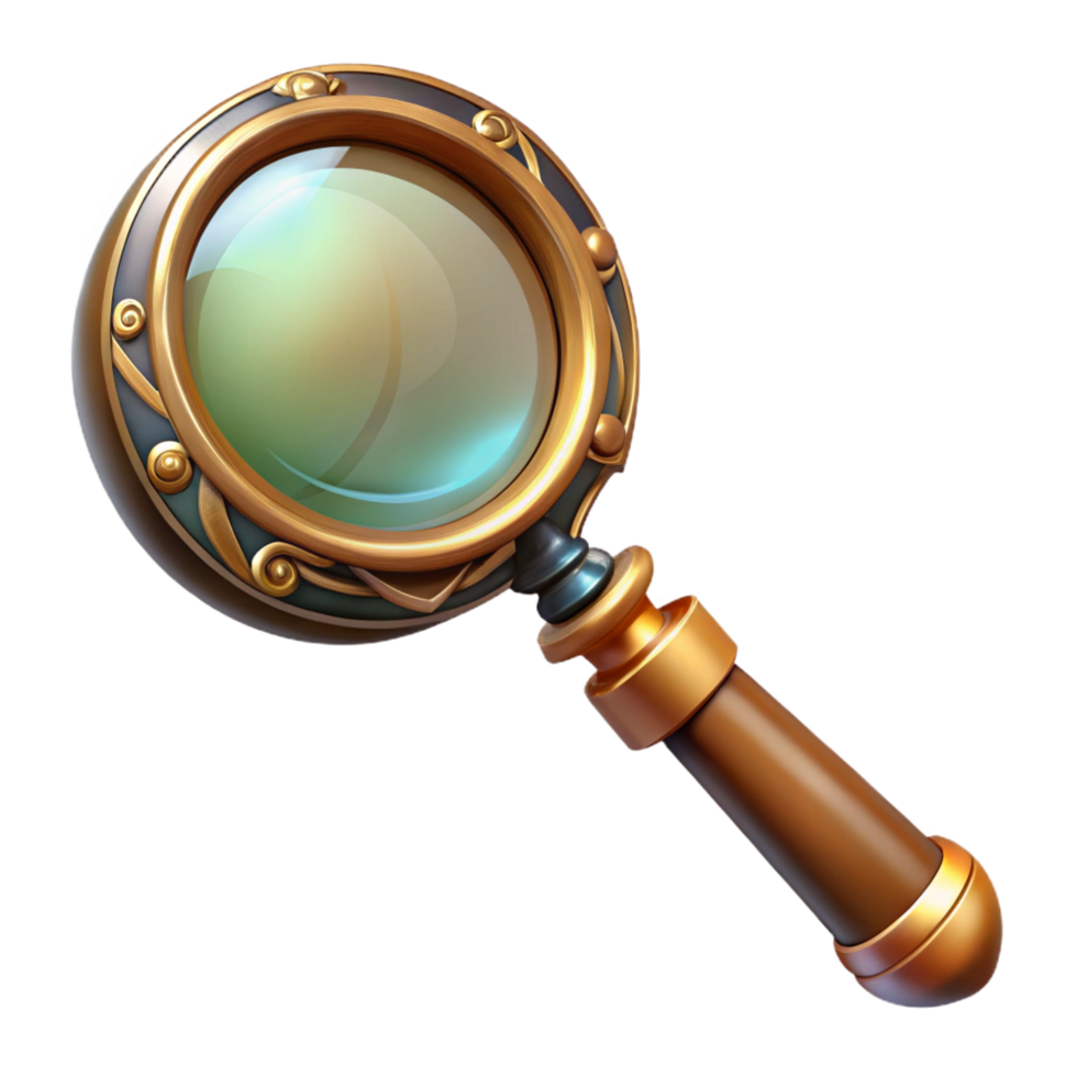 energetic impressive Steampunk magnifying glass with a brass handle and intricate engravings. NO BACKGROUND with Transparent Background. gallery standard png