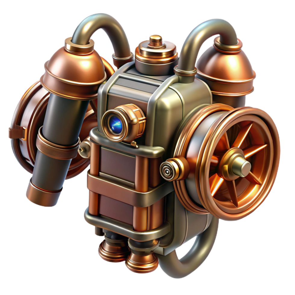 playful captivating Steampunk jetpack with intricate copper piping and miniature turbines. NO BACKGROUND with Transparent Background. handcrafted png