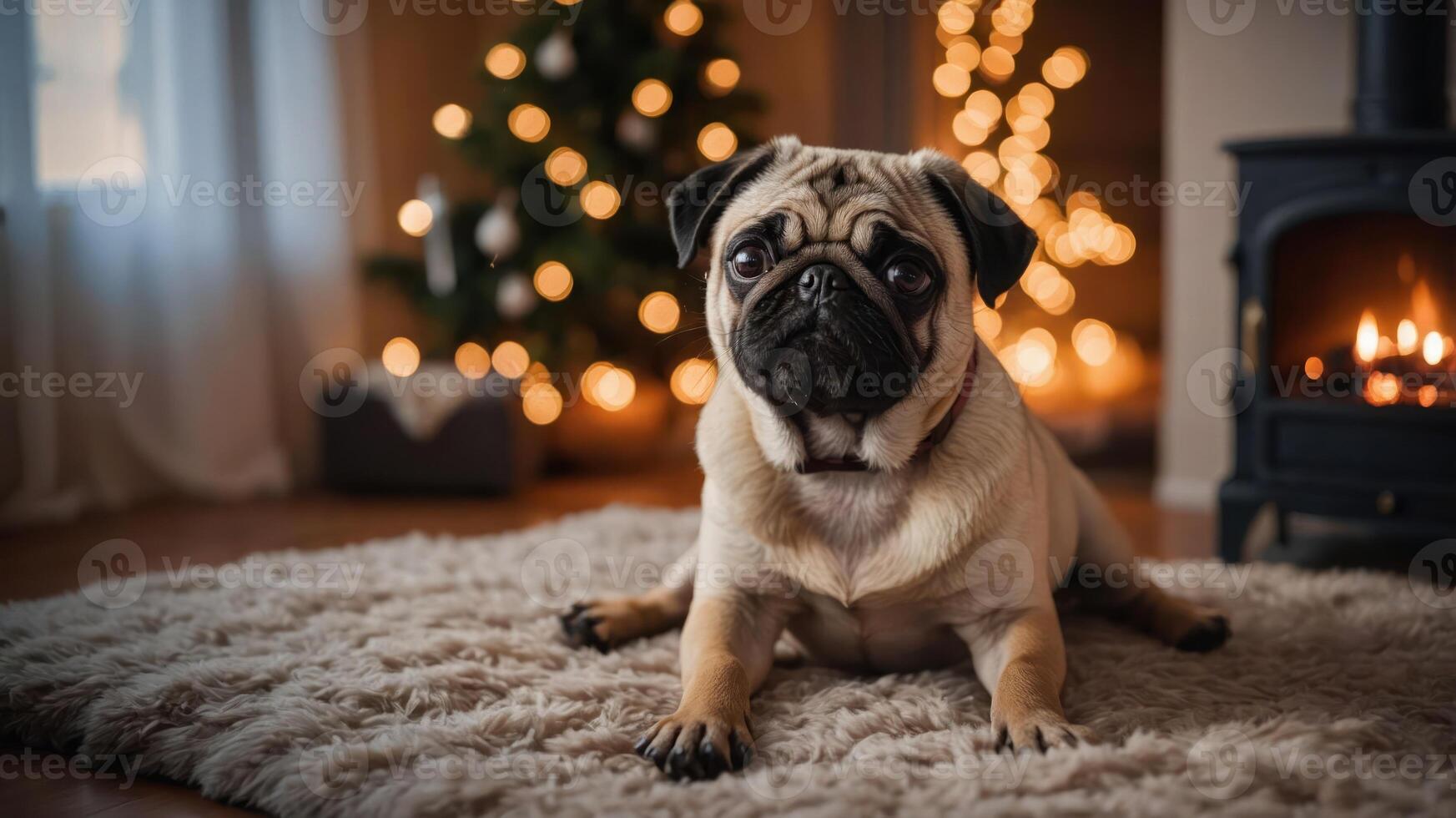 A pug lying on a soft rug in a cozy room with a Christmas tree and fireplace. photo