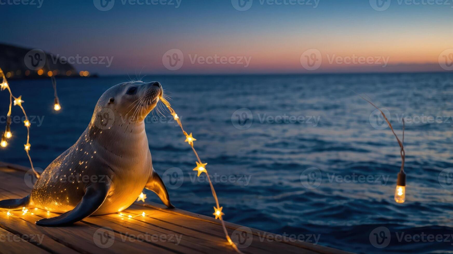 A seal adorned with string lights on a dock at sunset by the ocean. photo