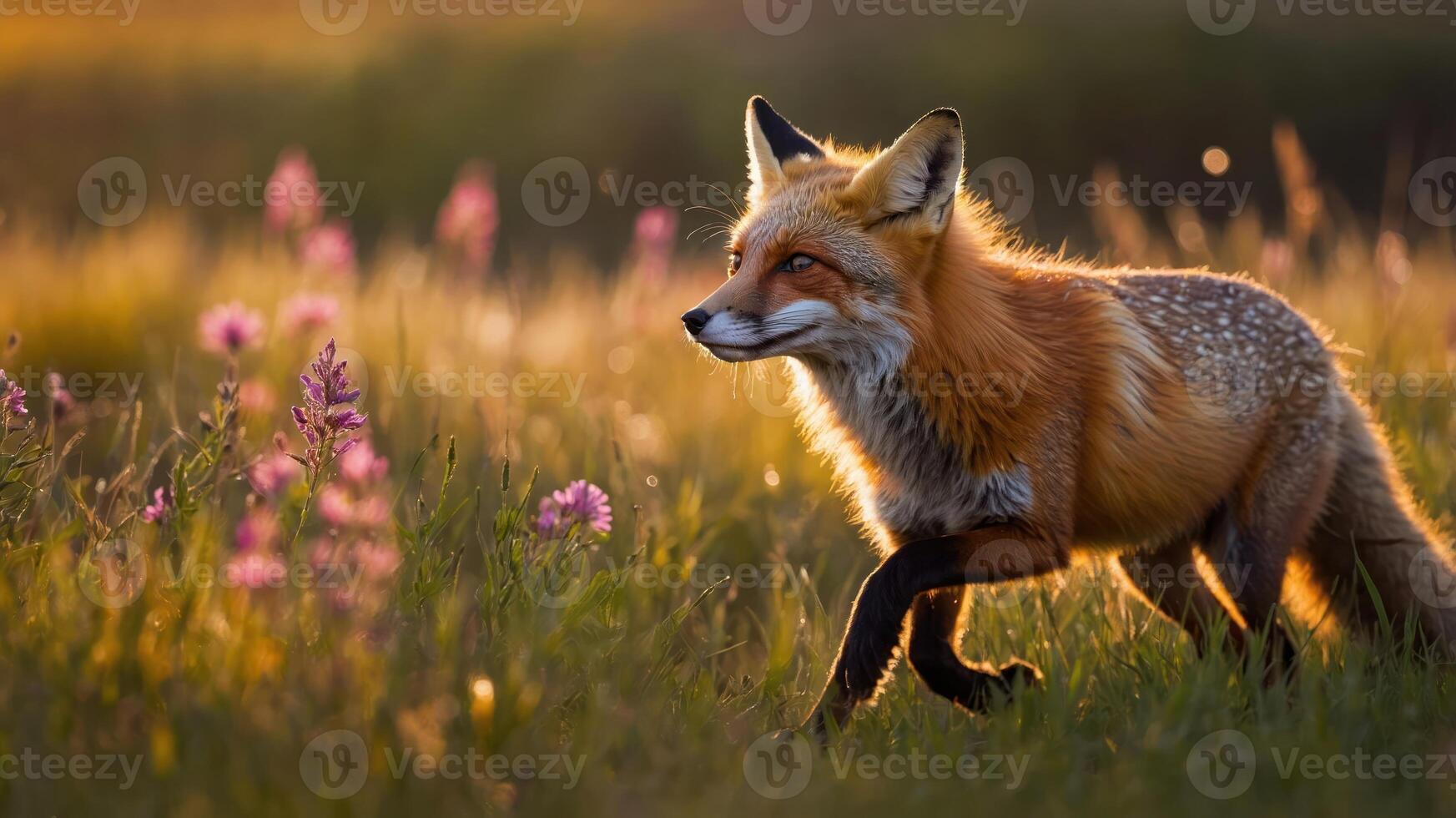 A fox walks gracefully through a field of flowers during golden hour. photo