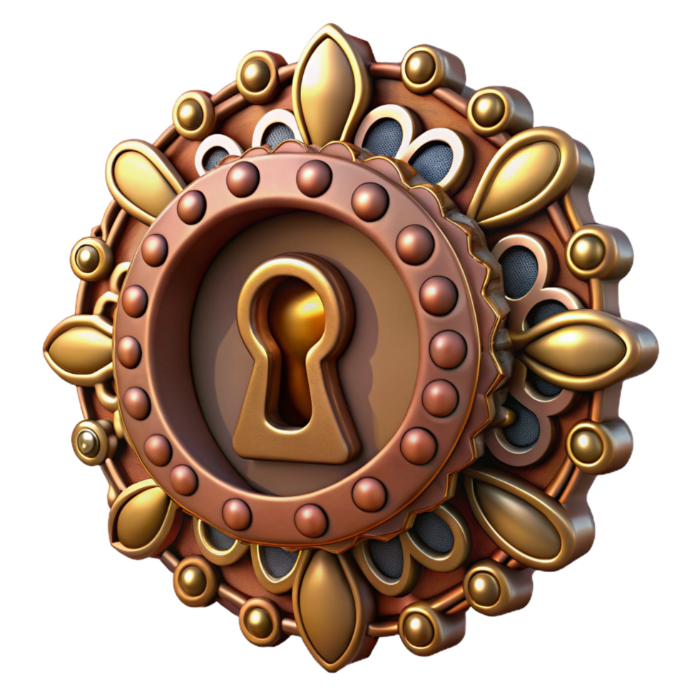 hypnotic celebrated Steampunk keyhole with intricate clockwork details and ornate carvings. NO BACKGROUND with Transparent Background. png