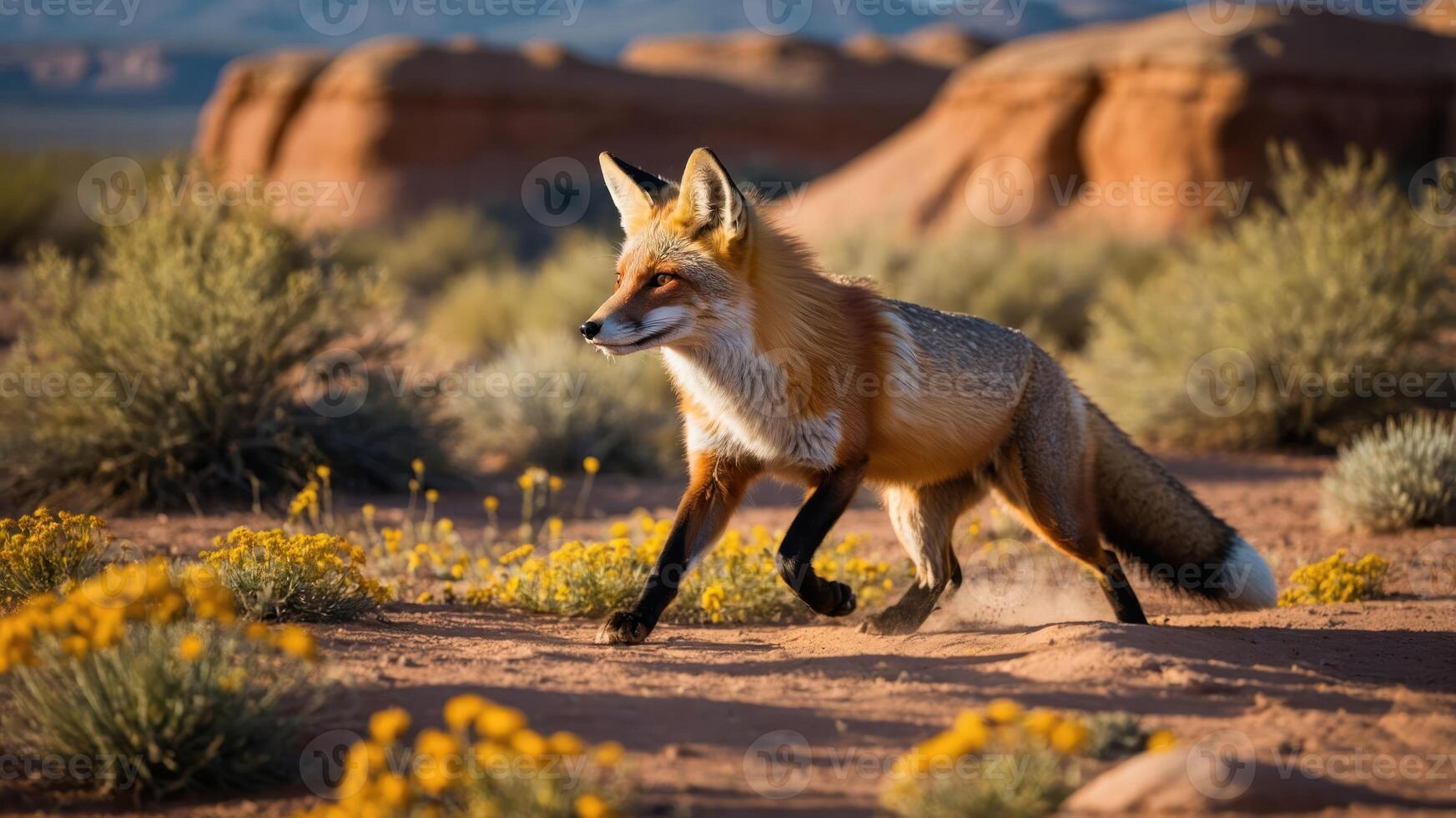A fox walking through a desert landscape adorned with yellow flowers. photo