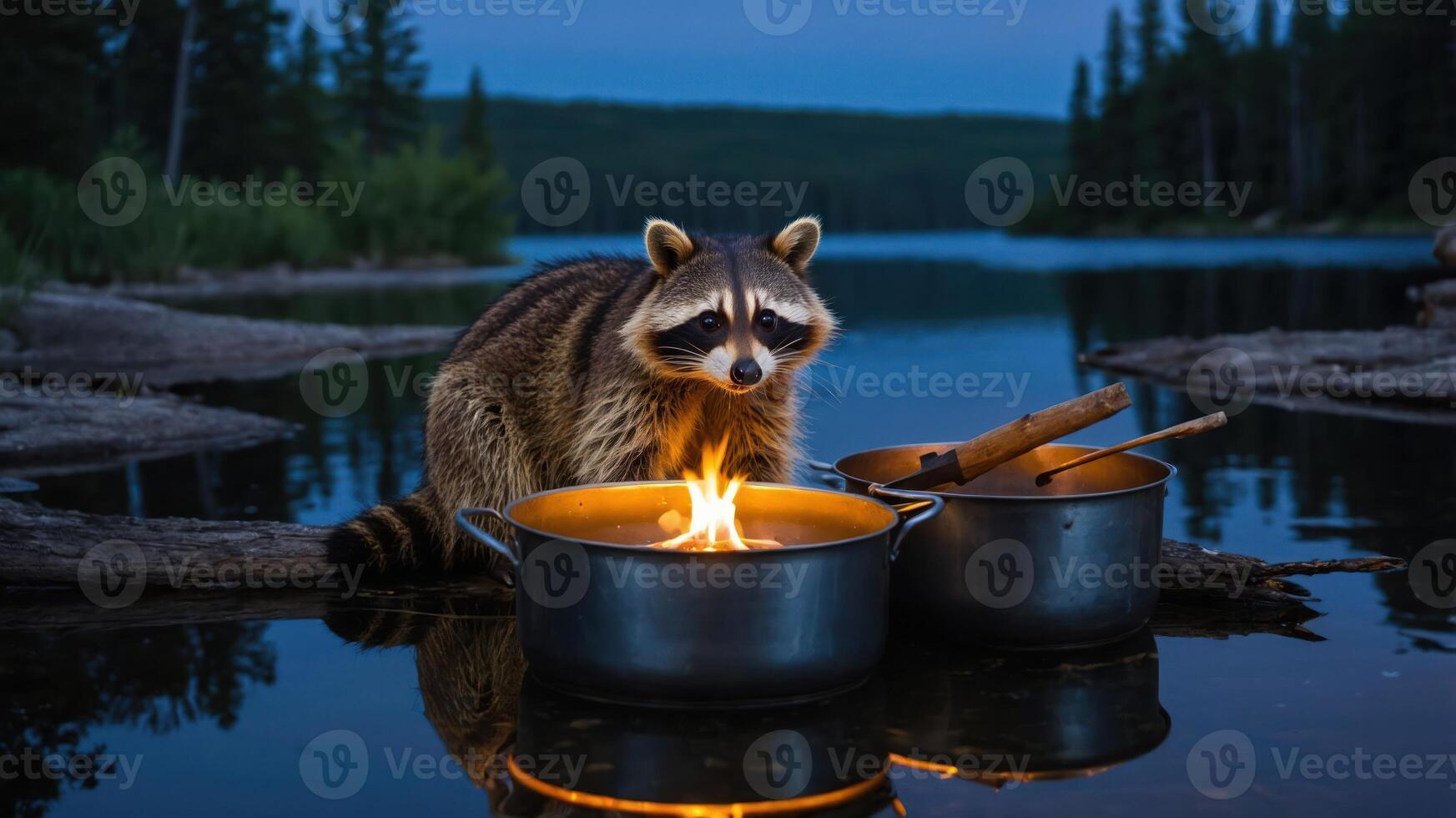 A raccoon near a campfire by a lake, surrounded by cooking pots in a serene setting. photo
