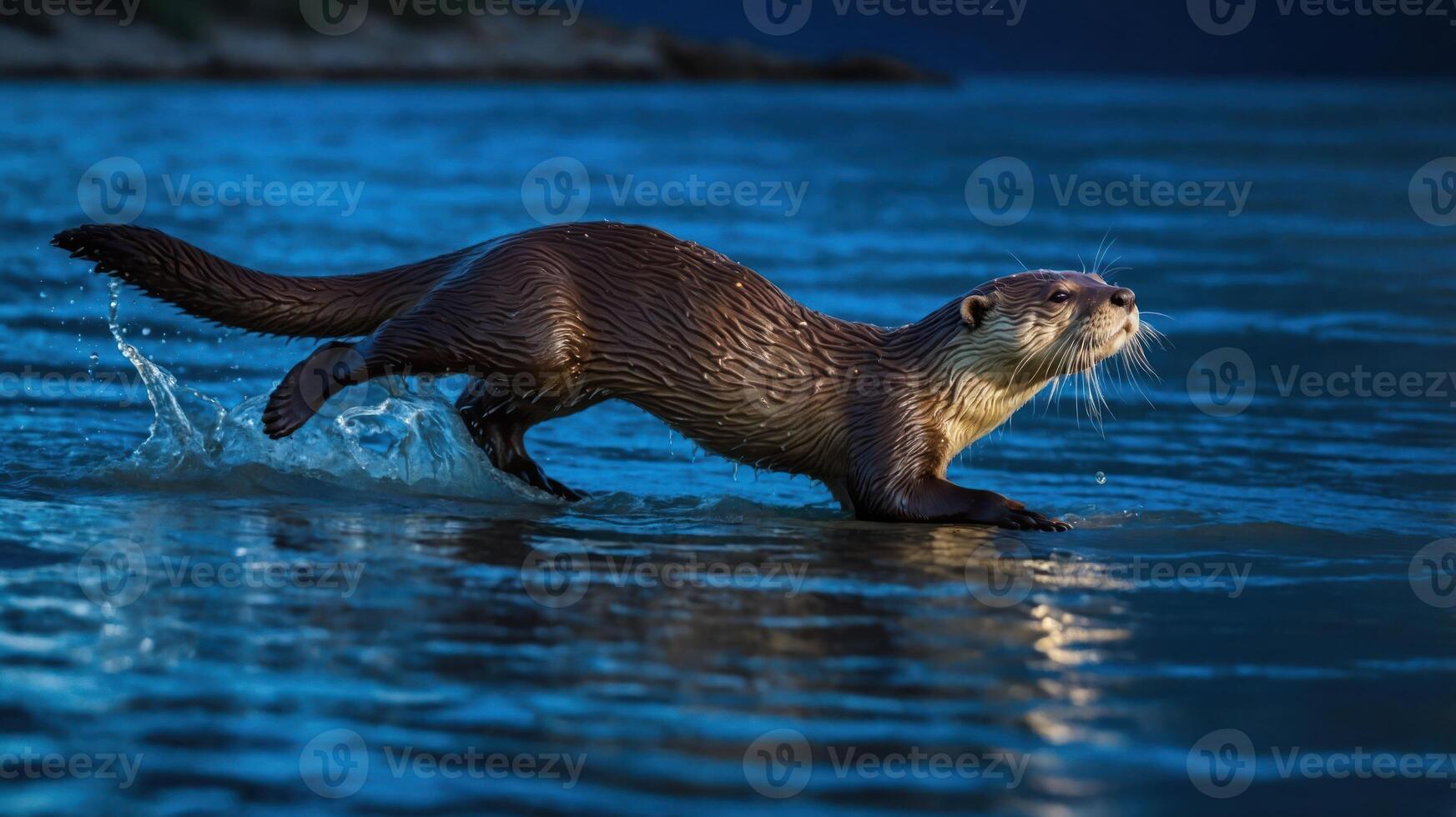 A playful otter running through water, showcasing its agility and natural habitat. photo