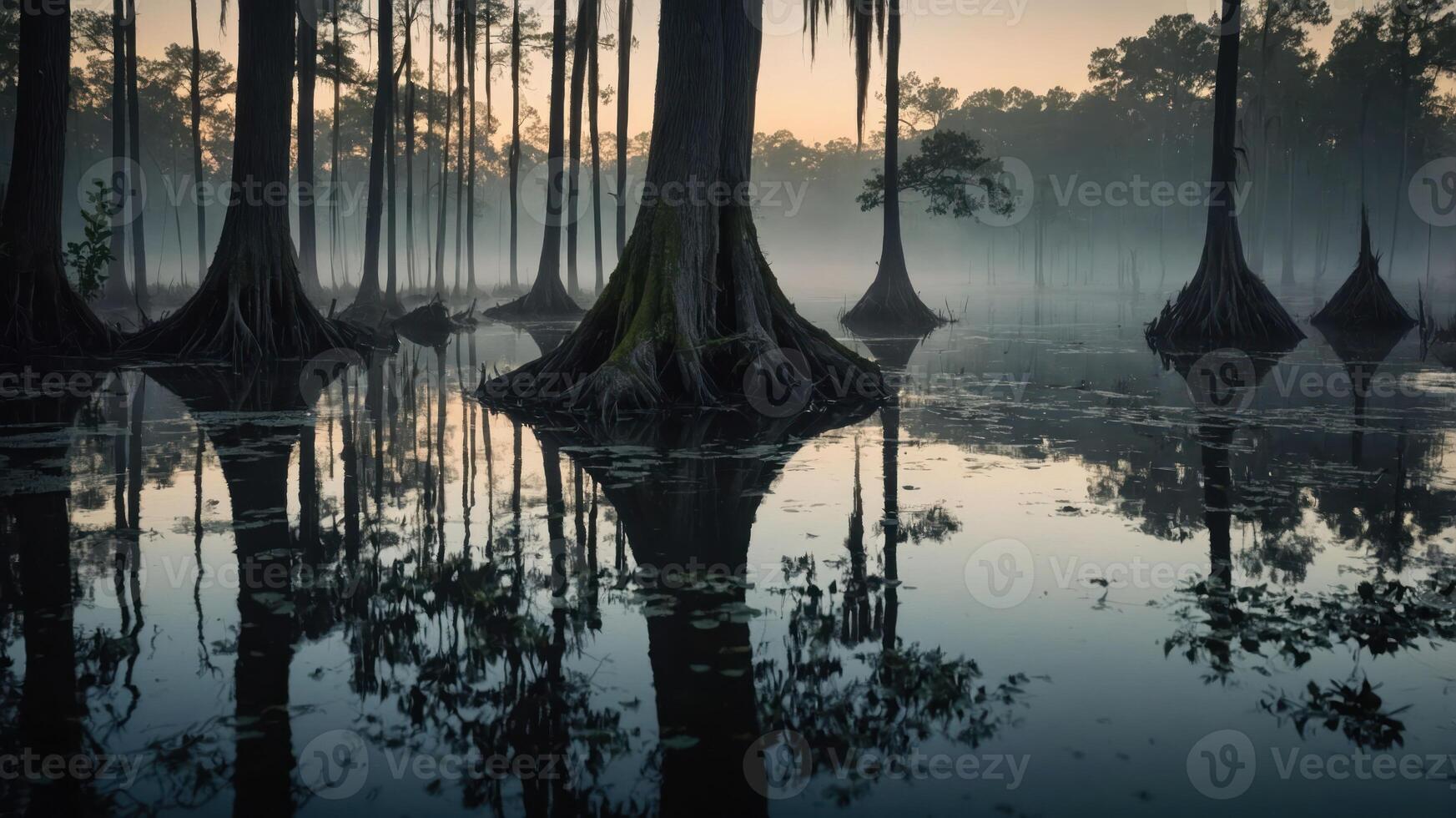 Misty swamp landscape with cypress trees reflecting in still water at dawn. photo
