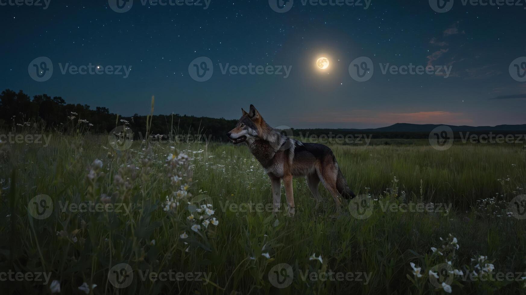 A dog stands in a field under a starry night sky with a bright moon. photo