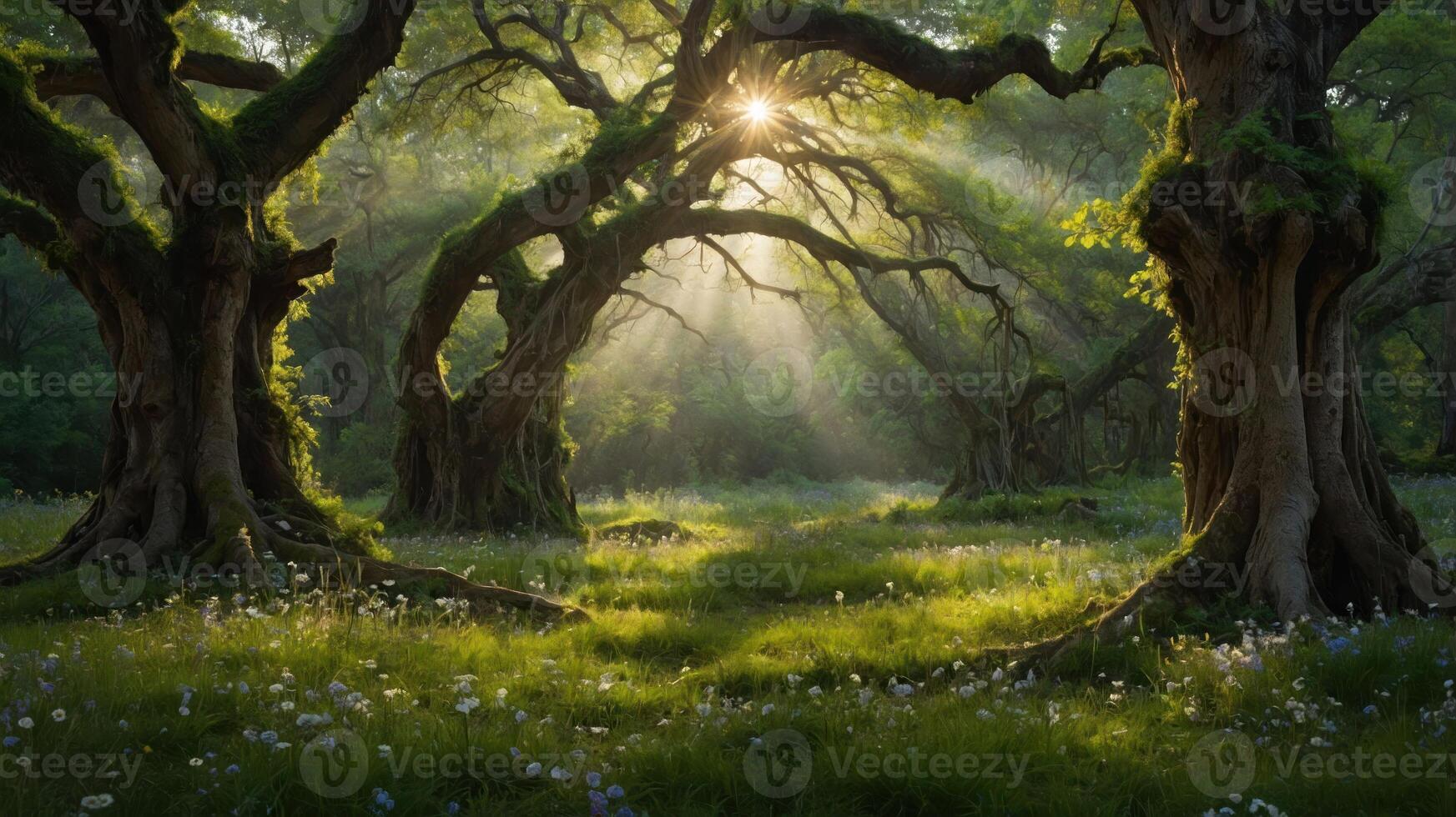 A serene forest scene with sunlight filtering through ancient trees, creating a magical atmosphere. photo