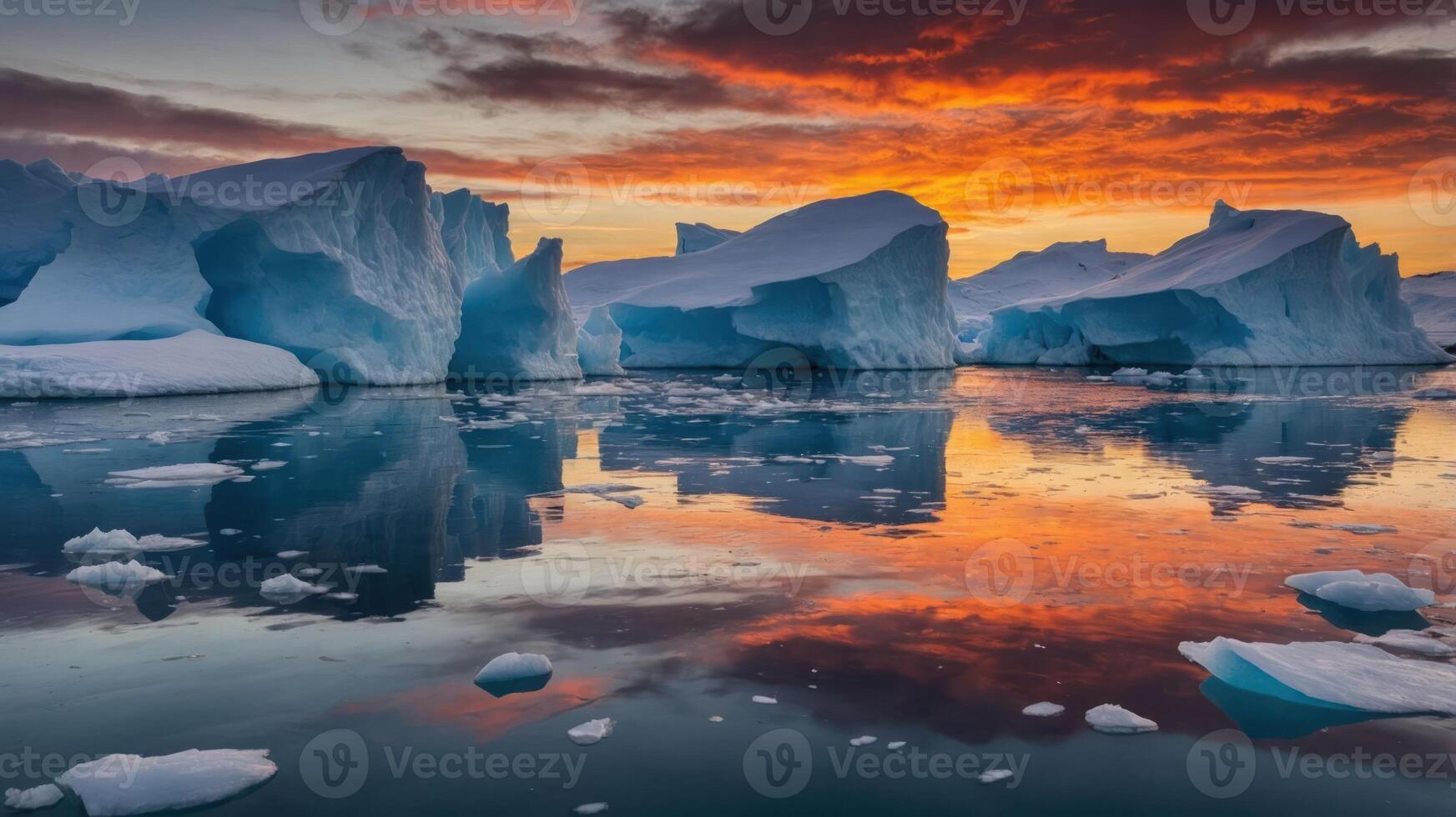 A stunning sunset over icy formations reflecting in calm waters. photo