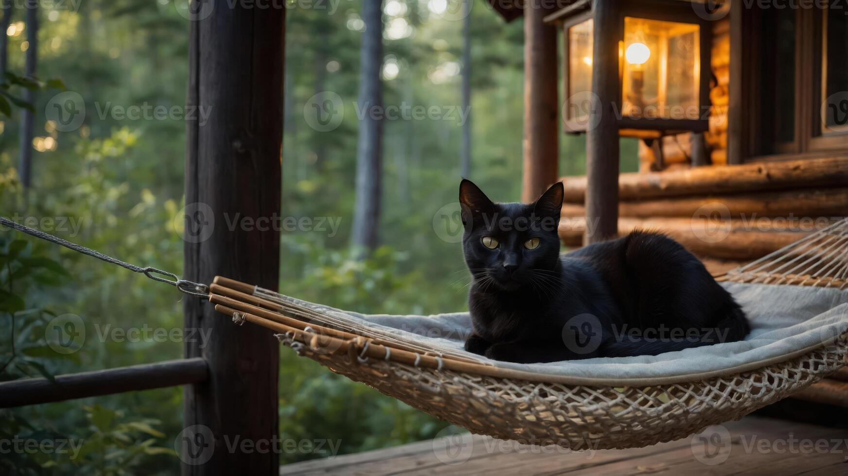 A black cat lounging on a hammock outside a wooden cabin in a forested setting. photo