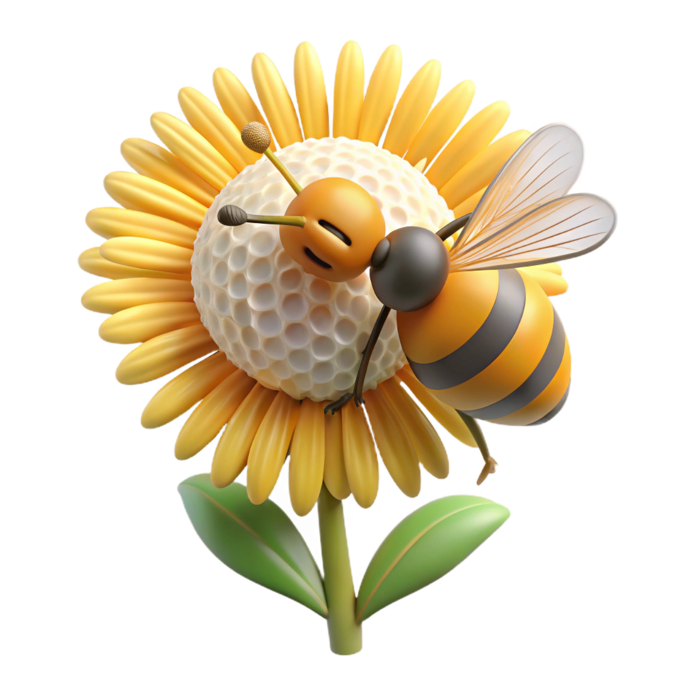 timeless geometric Honeybee on a single dandelion, pollen on legs. NO BACKGROUND with Transparent Background. impeccable png